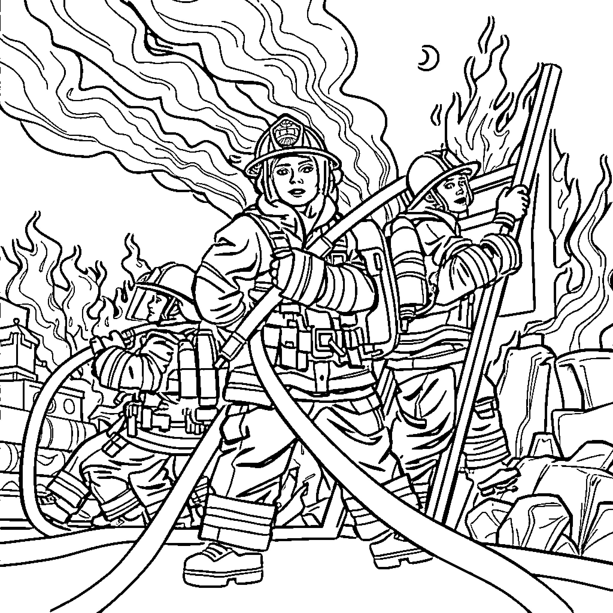 Firefighter heroes battling a blazing inferno Coloring Page (free black-and-white line drawing printable PDF for all, from beginners to advanced learners, including children, teens, adults, and seniors)