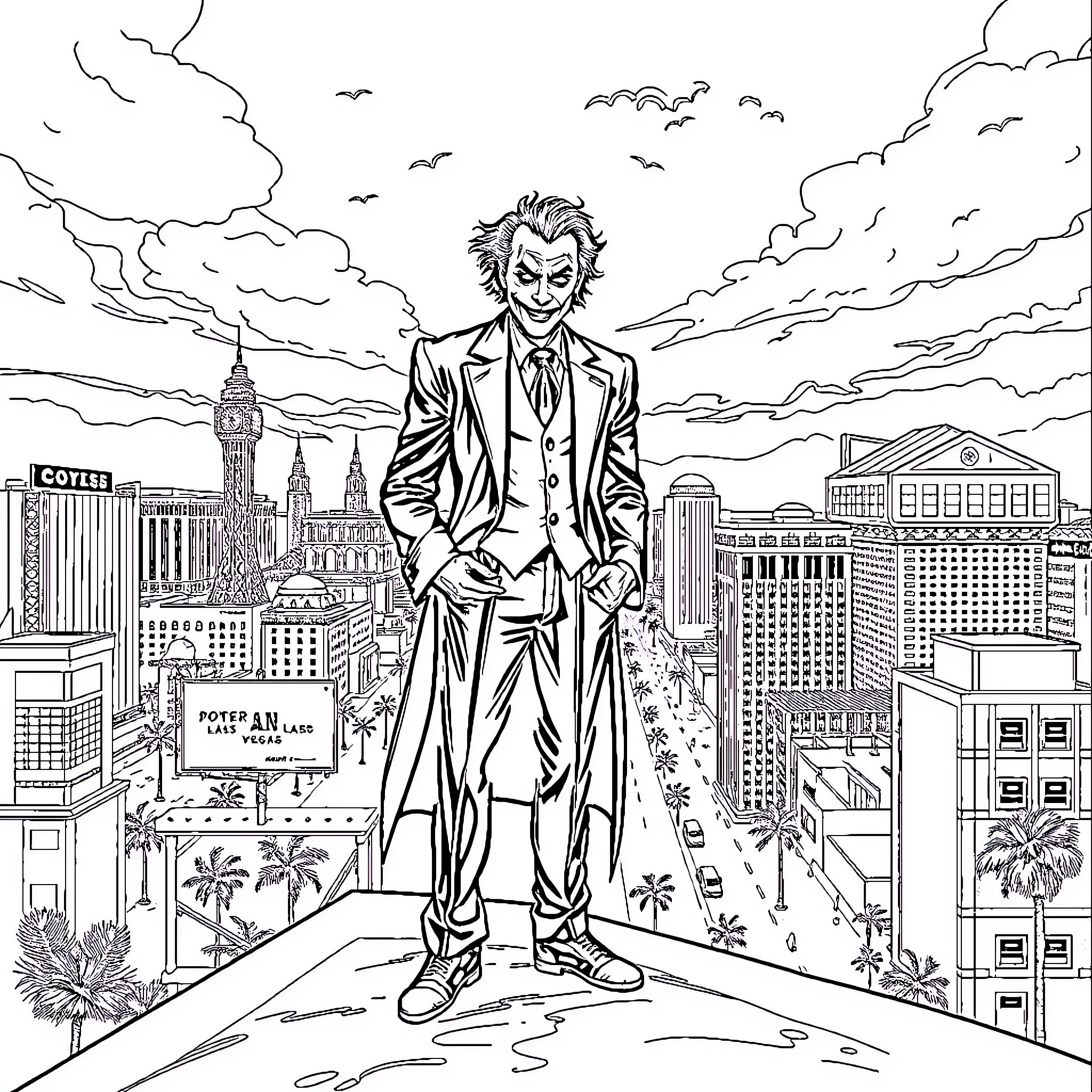 Joker's Chaotic Reign Over the City Coloring Page (free black-and-white line drawing printable PDF for all, from beginners to advanced learners, including children, teens, adults, and seniors)