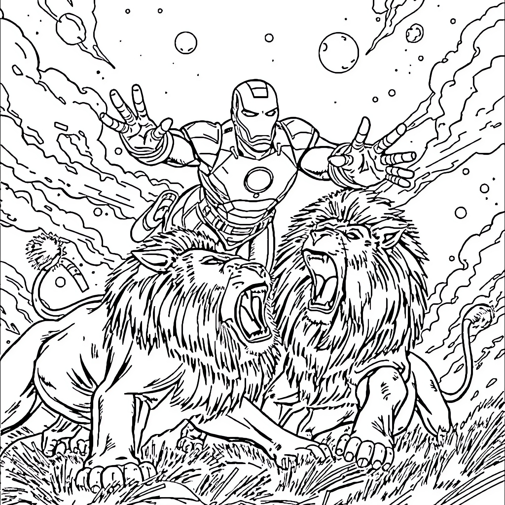 Iron Man unleashing energy on ferocious lions Coloring Page (free black-and-white line drawing printable PDF for all, from beginners to advanced learners, including children, teens, adults, and seniors)