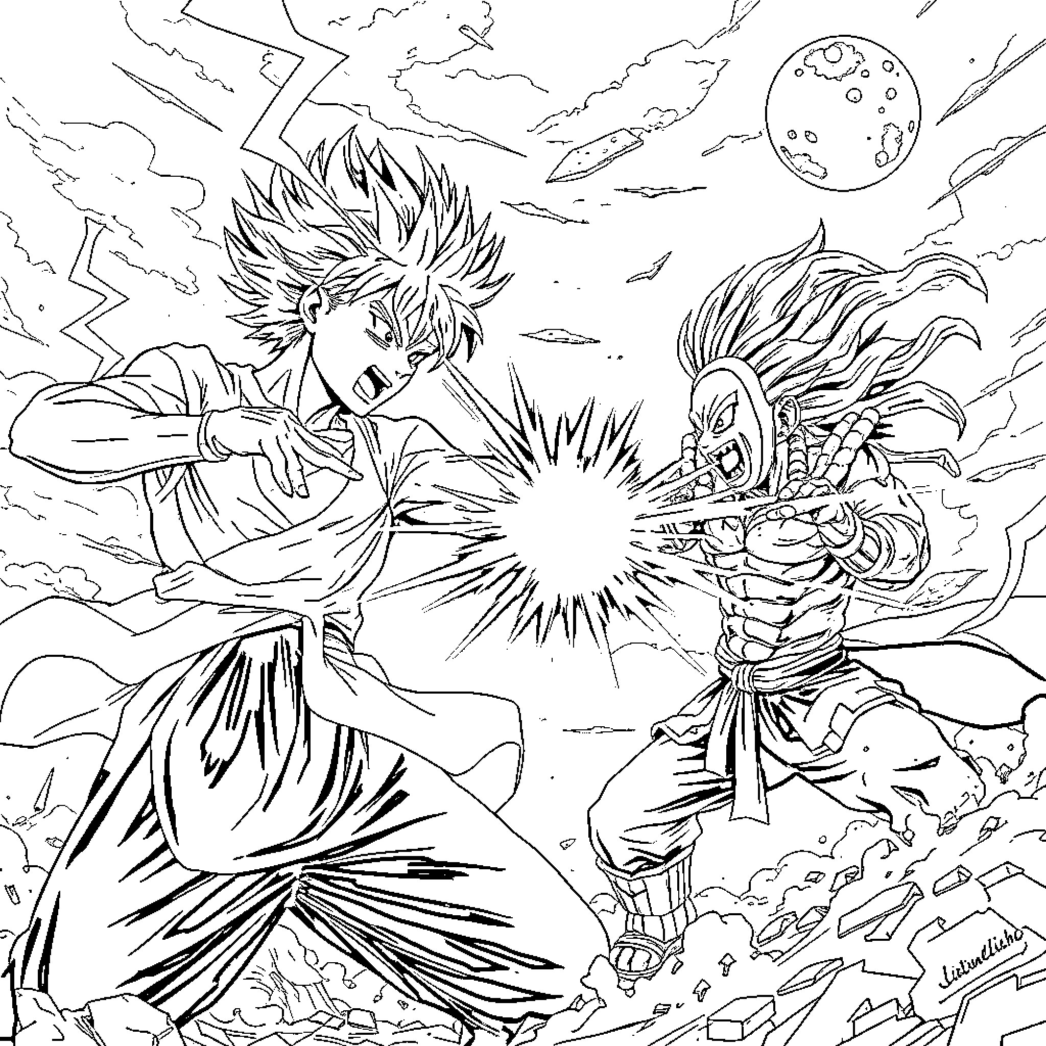 Killua's Intense Battle in the Moonlit Sky Coloring Page (free black-and-white line drawing printable PDF for all, from beginners to advanced learners, including children, teens, adults, and seniors)