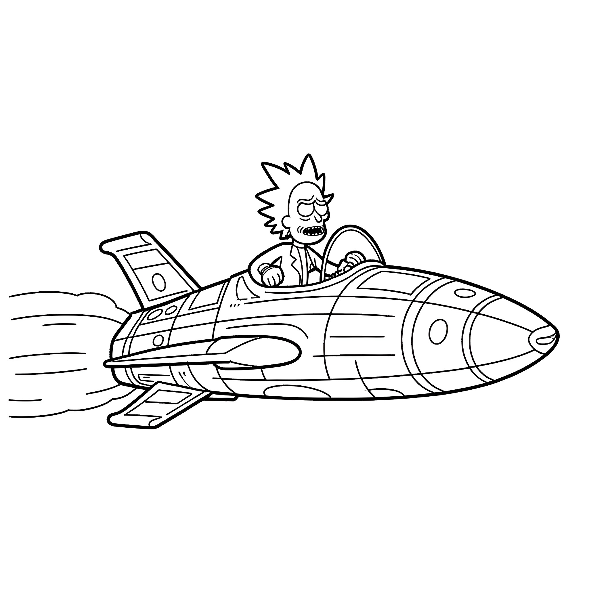 Rick And Morty in a futuristic spacecraft Coloring Page (free black-and-white line drawing printable PDF for all, from beginners to advanced learners, including children, teens, adults, and seniors)