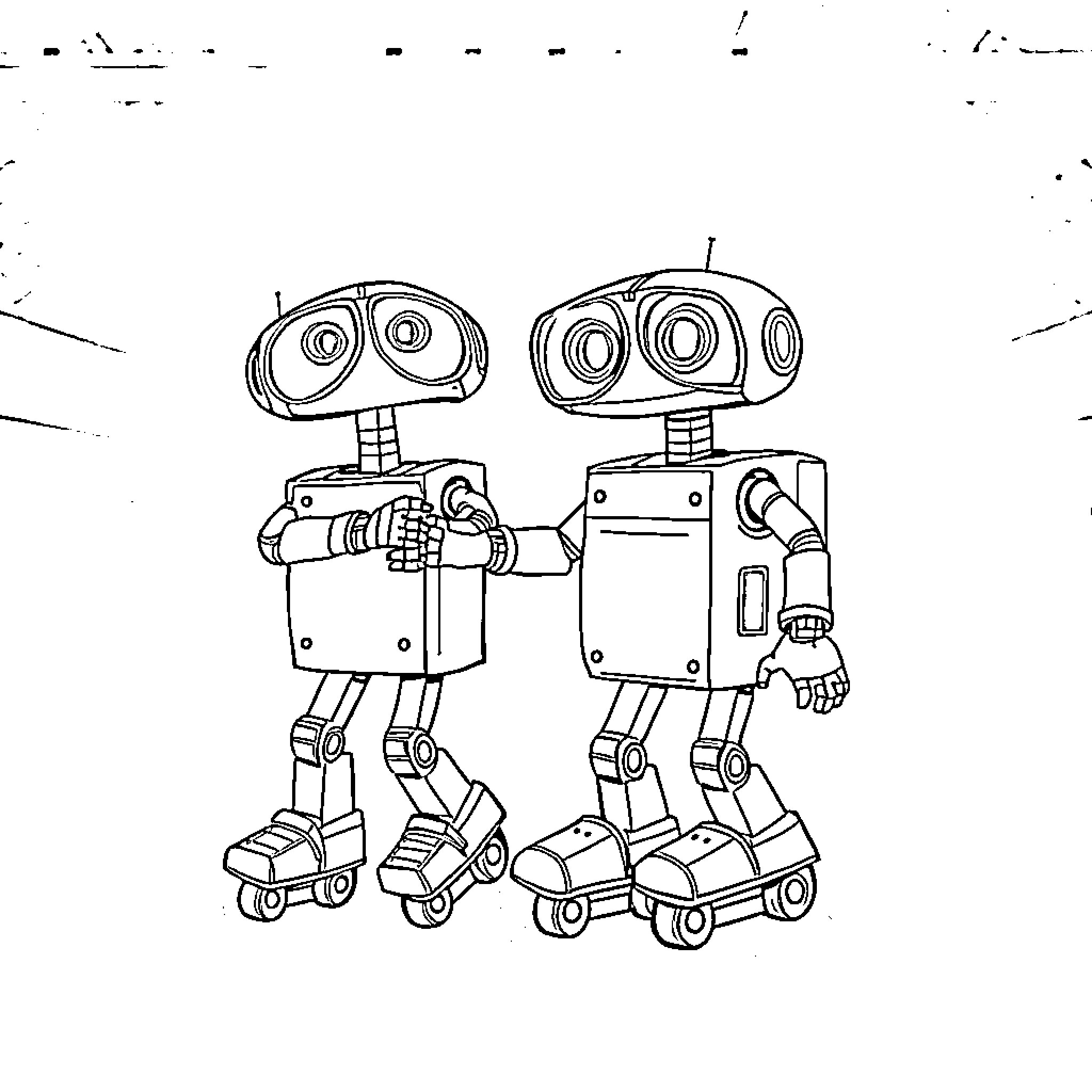 Robot companions walking side by side Coloring Page (free black-and-white line drawing printable PDF for all, from beginners to advanced learners, including children, teens, adults, and seniors)