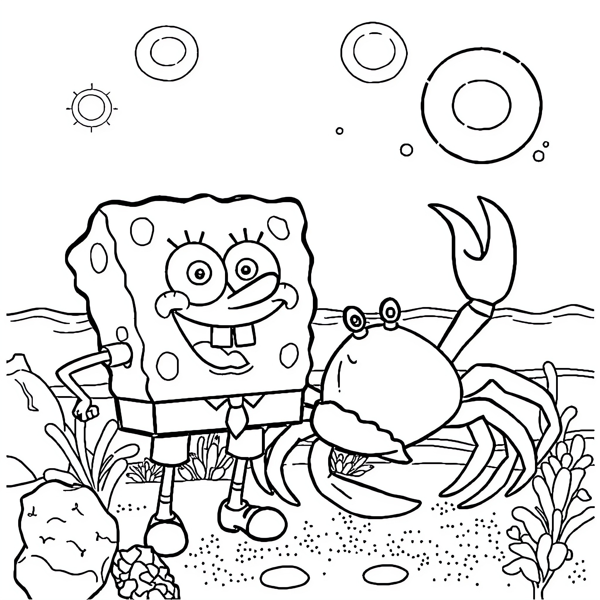 Spongebob's Undersea Adventure with Crab Coloring Page (free black-and-white line drawing printable PDF for all, from beginners to advanced learners, including children, teens, adults, and seniors)