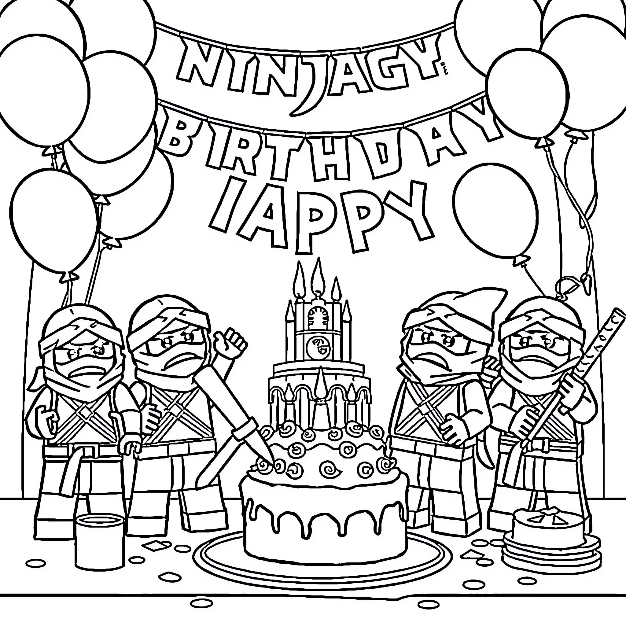 Ninjago Birthday Happy Coloring Page (free black-and-white line drawing printable PDF for all, from beginners to advanced learners, including children, teens, adults, and seniors)