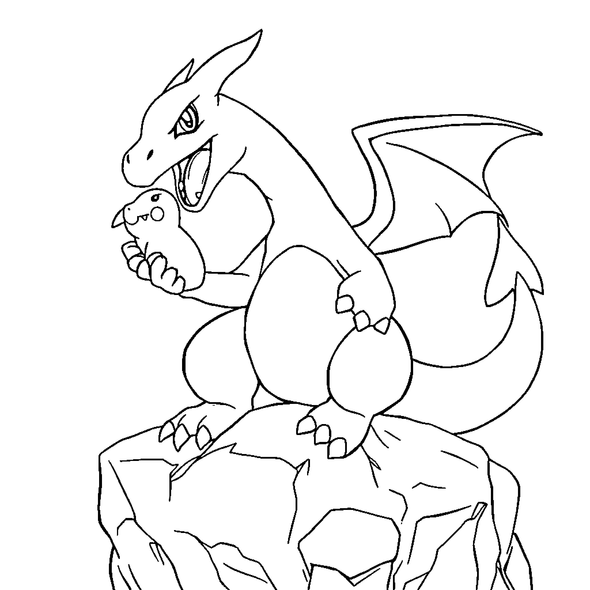 Charizard roaring on rocky terrain Coloring Page (free black-and-white line drawing printable PDF for all, from beginners to advanced learners, including children, teens, adults, and seniors)