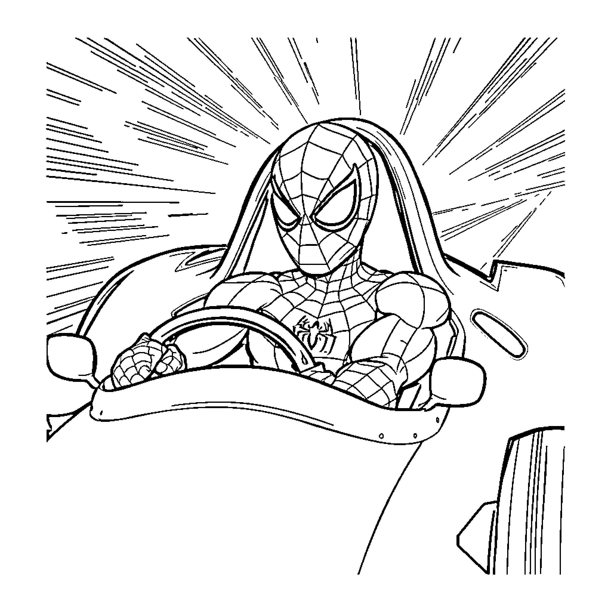 Spiderman swinging through the city Coloring Page (free black-and-white line drawing printable PDF for all, from beginners to advanced learners, including children, teens, adults, and seniors)