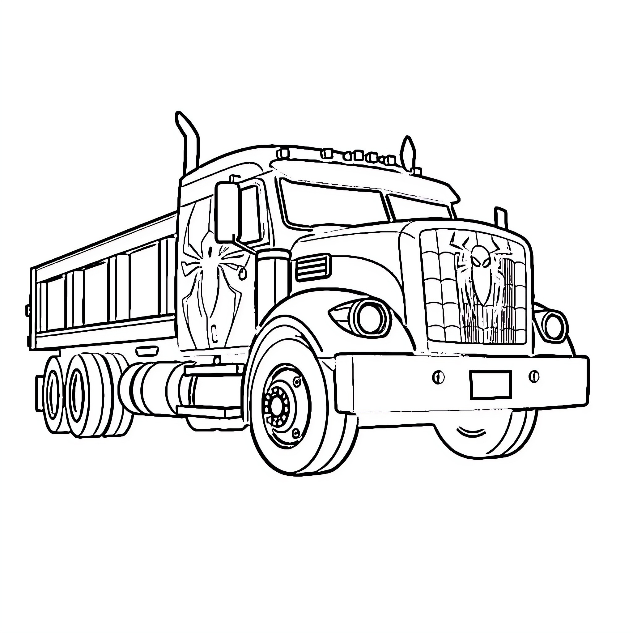 Spiderman's Mighty Dump Truck Adventure Coloring Page (free black-and-white line drawing printable PDF for all, from beginners to advanced learners, including children, teens, adults, and seniors)