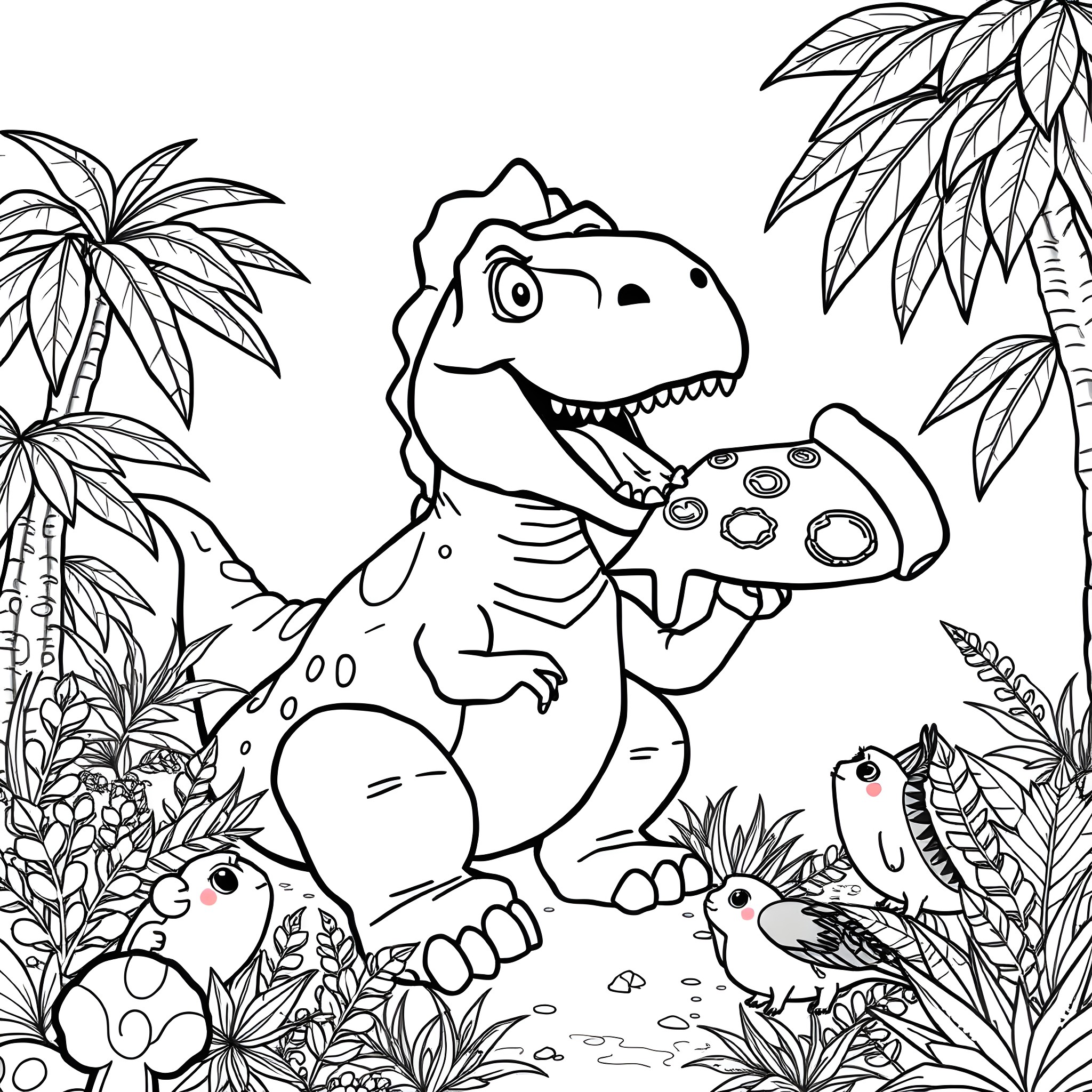 Dinosaur playing with video game controller in jungle Coloring Page (free black-and-white line drawing printable PDF for all, from beginners to advanced learners, including children, teens, adults, and seniors)