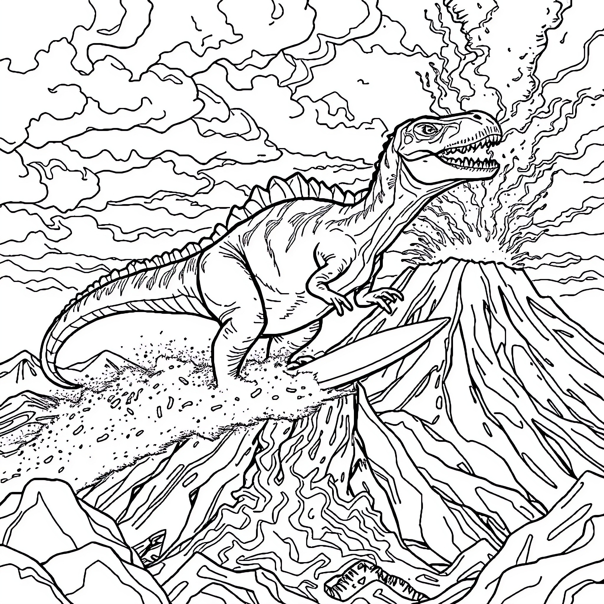 Tyrannosaurus Roaring Among Volcanic Eruptions Coloring Page (free black-and-white line drawing printable PDF for all, from beginners to advanced learners, including children, teens, adults, and seniors)