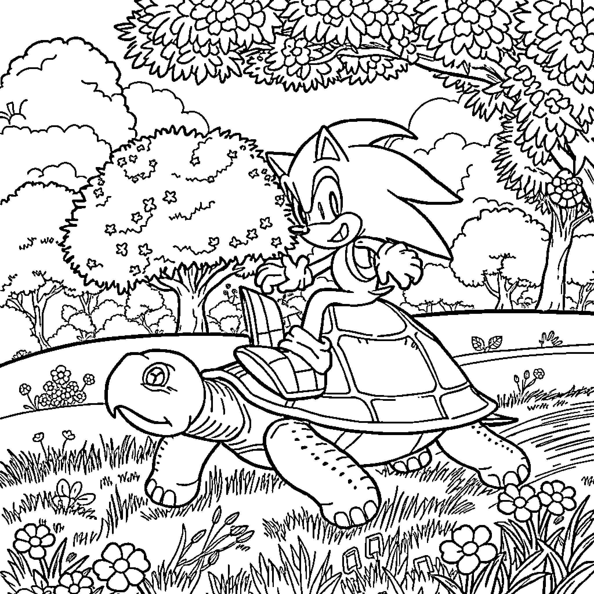 Sonic enjoying a relaxing ride on a giant turtle Coloring Page (free black-and-white line drawing printable PDF for all, from beginners to advanced learners, including children, teens, adults, and seniors)