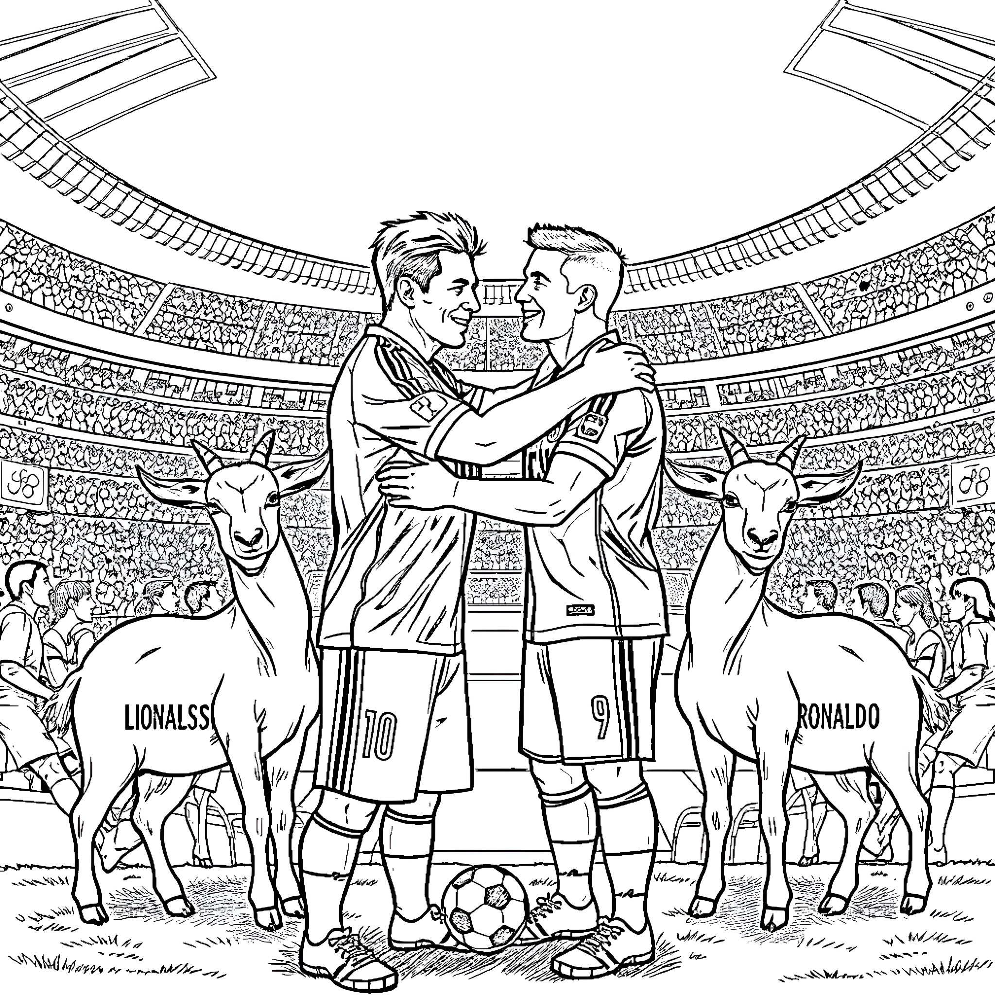 Messi and Ronaldo shaking hands on a soccer field Coloring Page (free black-and-white line drawing printable PDF for all, from beginners to advanced learners, including children, teens, adults, and seniors)
