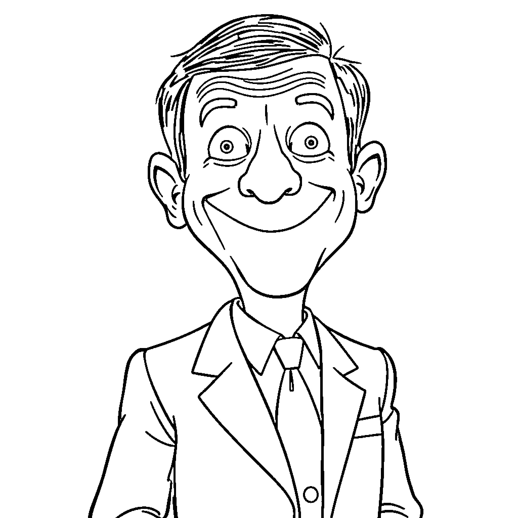 Mr Bean's Amusing Facial Expressions and Attire Coloring Page (free black-and-white line drawing printable PDF for all, from beginners to advanced learners, including children, teens, adults, and seniors)