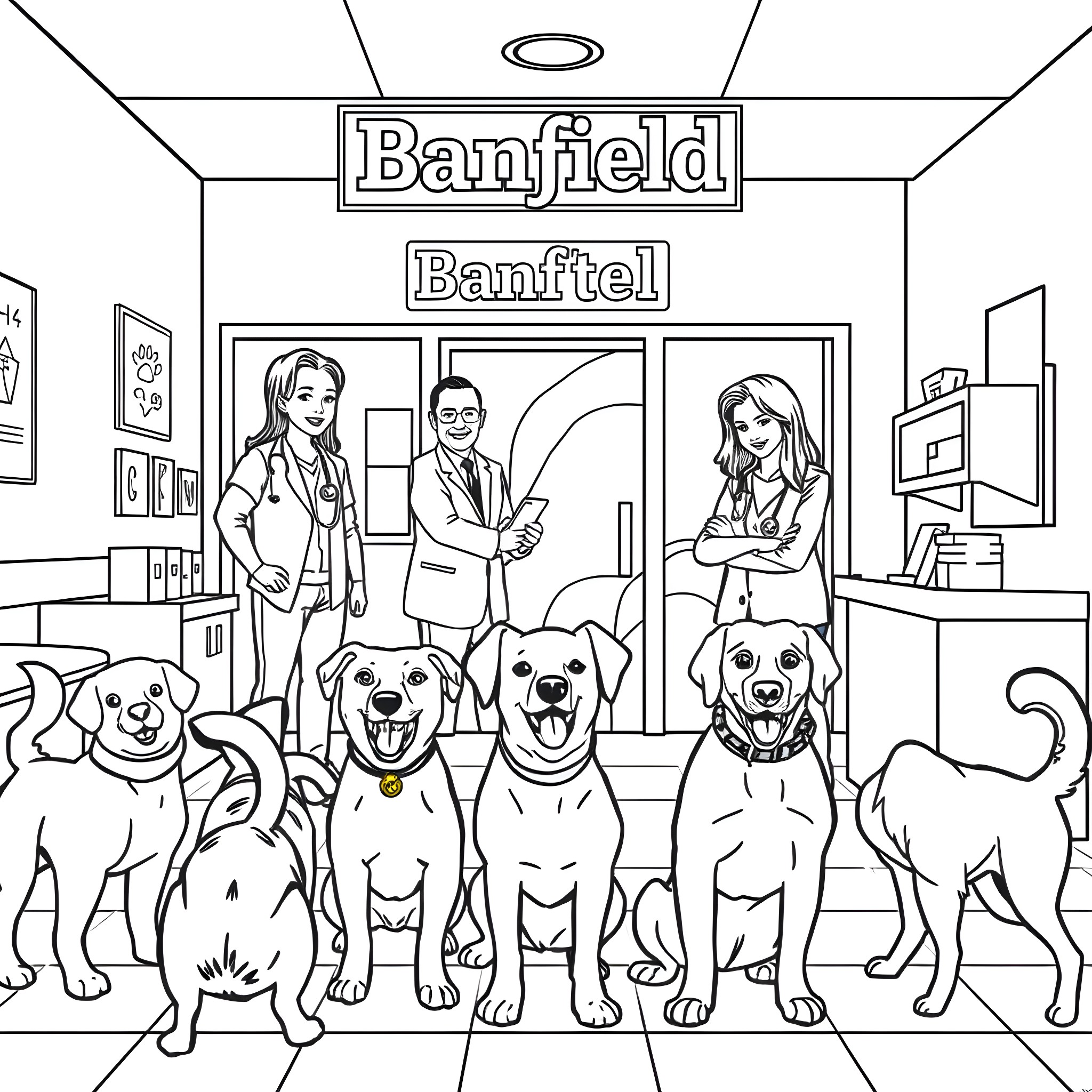 Dog Sitting Happily Outside Banfield Pet Hospital Coloring Page (free black-and-white line drawing printable PDF for all, from beginners to advanced learners, including children, teens, adults, and seniors)
