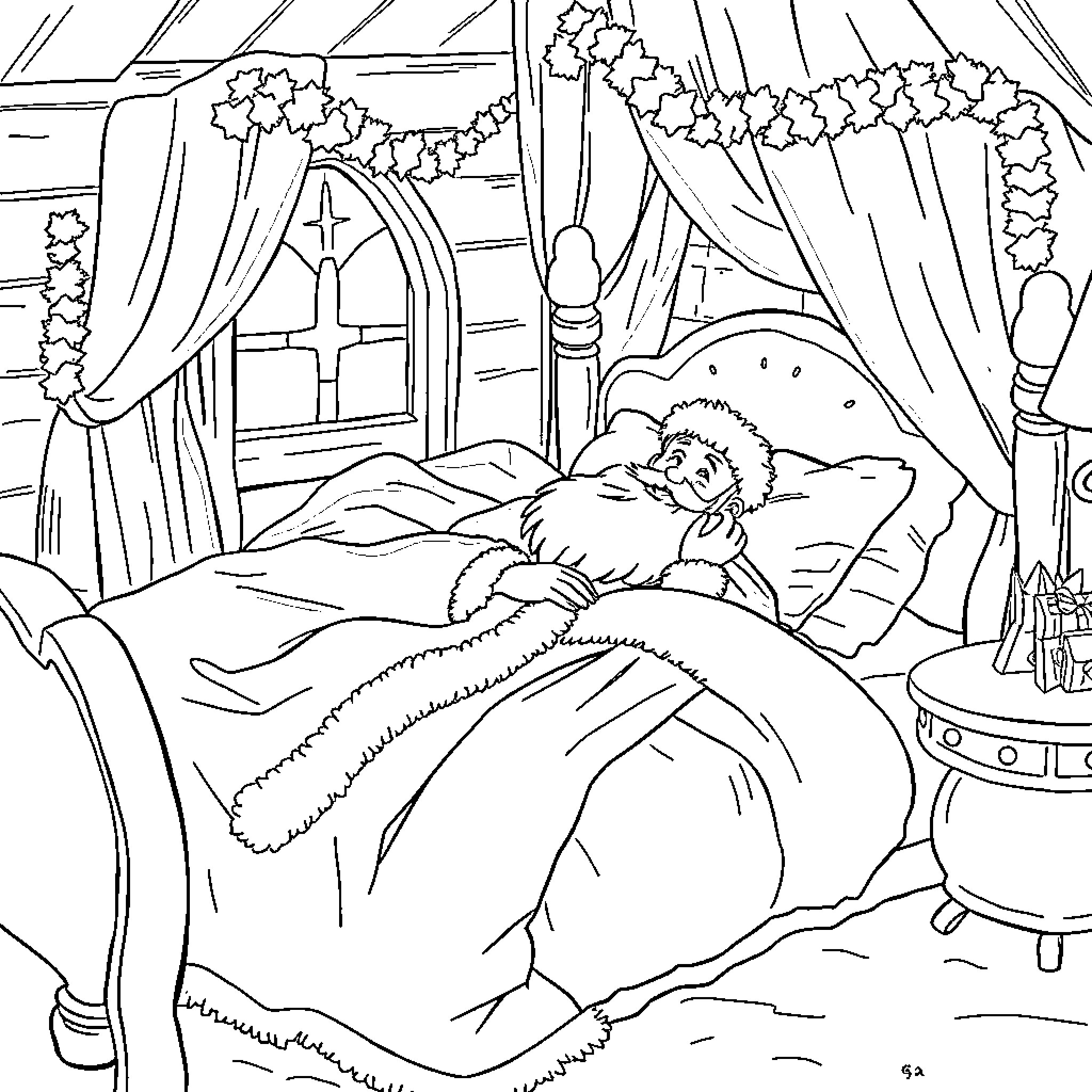 Santa relaxing on a cozy winter evening Coloring Page (free black-and-white line drawing printable PDF for all, from beginners to advanced learners, including children, teens, adults, and seniors)