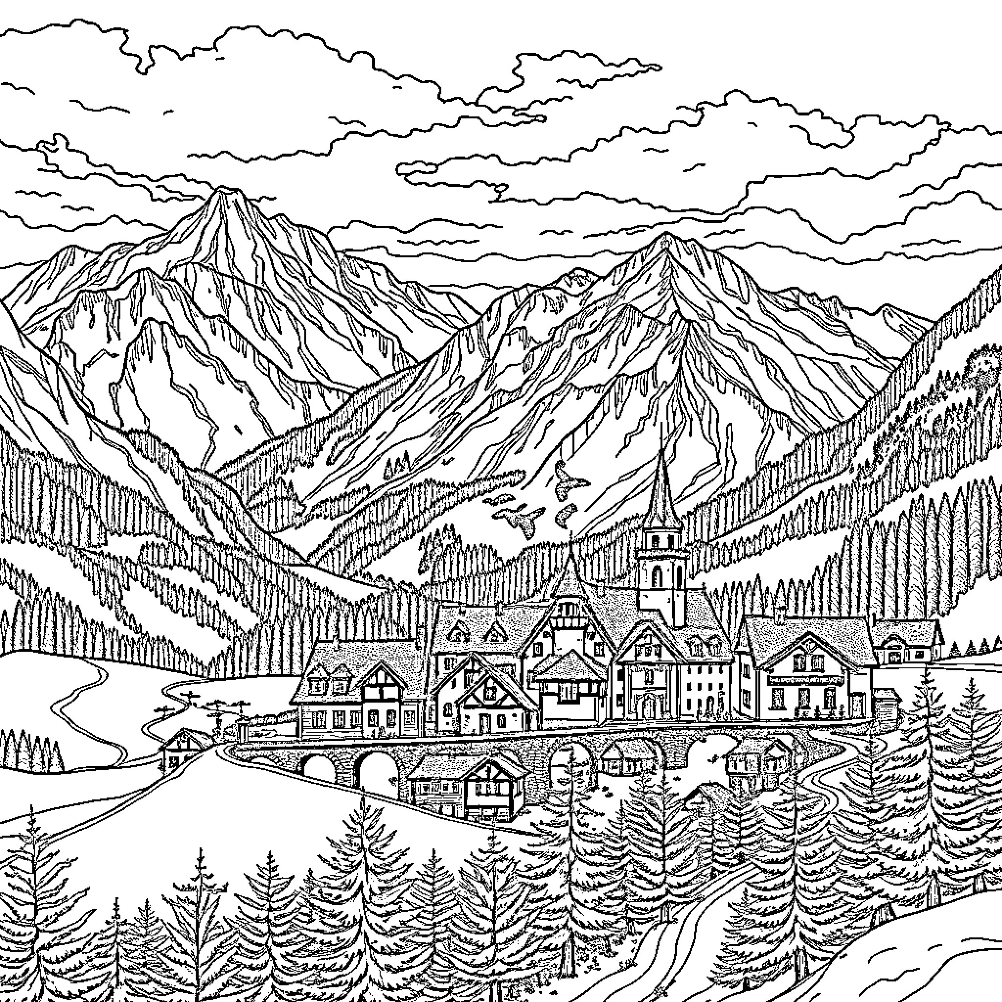 Slovakia's Scenic Mountain Village Landscape Coloring Page (free black-and-white line drawing printable PDF for all, from beginners to advanced learners, including children, teens, adults, and seniors)