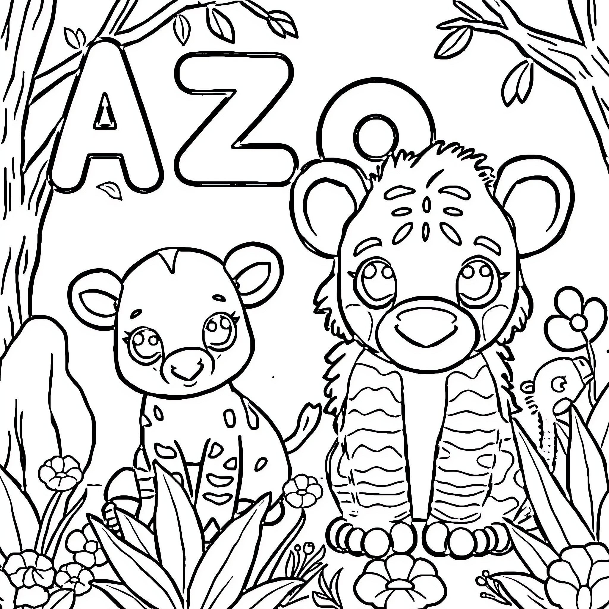 Baby Animal Exploring Jungle Habitat Coloring Page (free black-and-white line drawing printable PDF for all, from beginners to advanced learners, including children, teens, adults, and seniors)