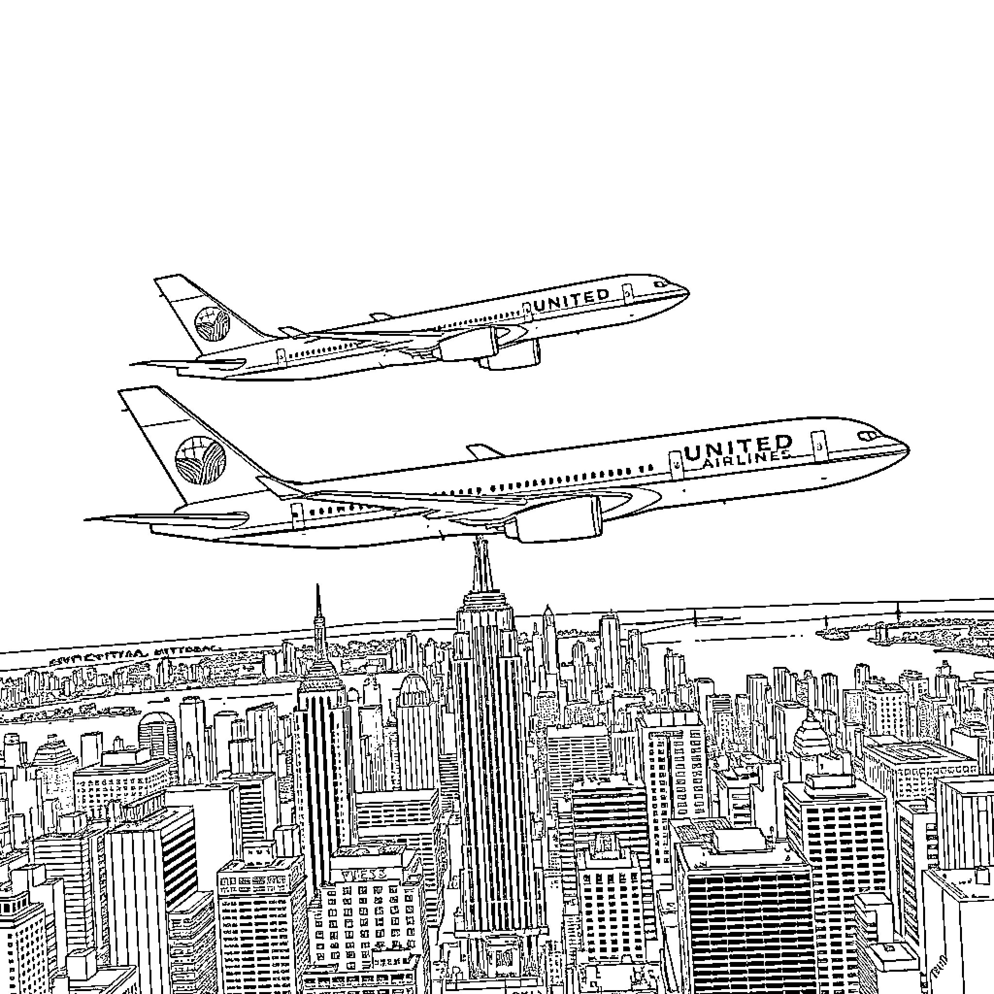 Airline Planes Soaring Over Cityscape Coloring Page (free black-and-white line drawing printable PDF for all, from beginners to advanced learners, including children, teens, adults, and seniors)
