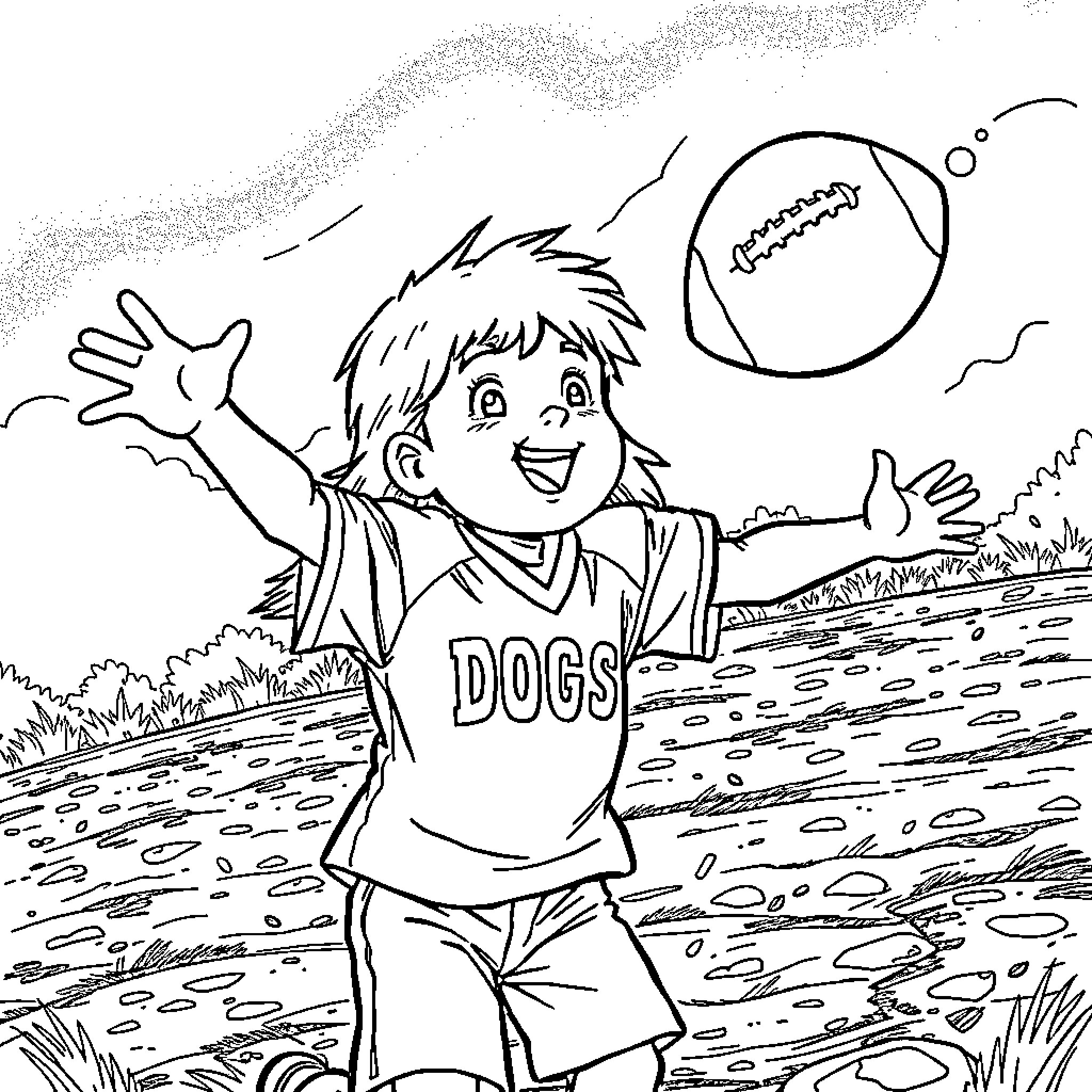 Kid excited to play with sports ball in the park Coloring Page (free black-and-white line drawing printable PDF for all, from beginners to advanced learners, including children, teens, adults, and seniors)