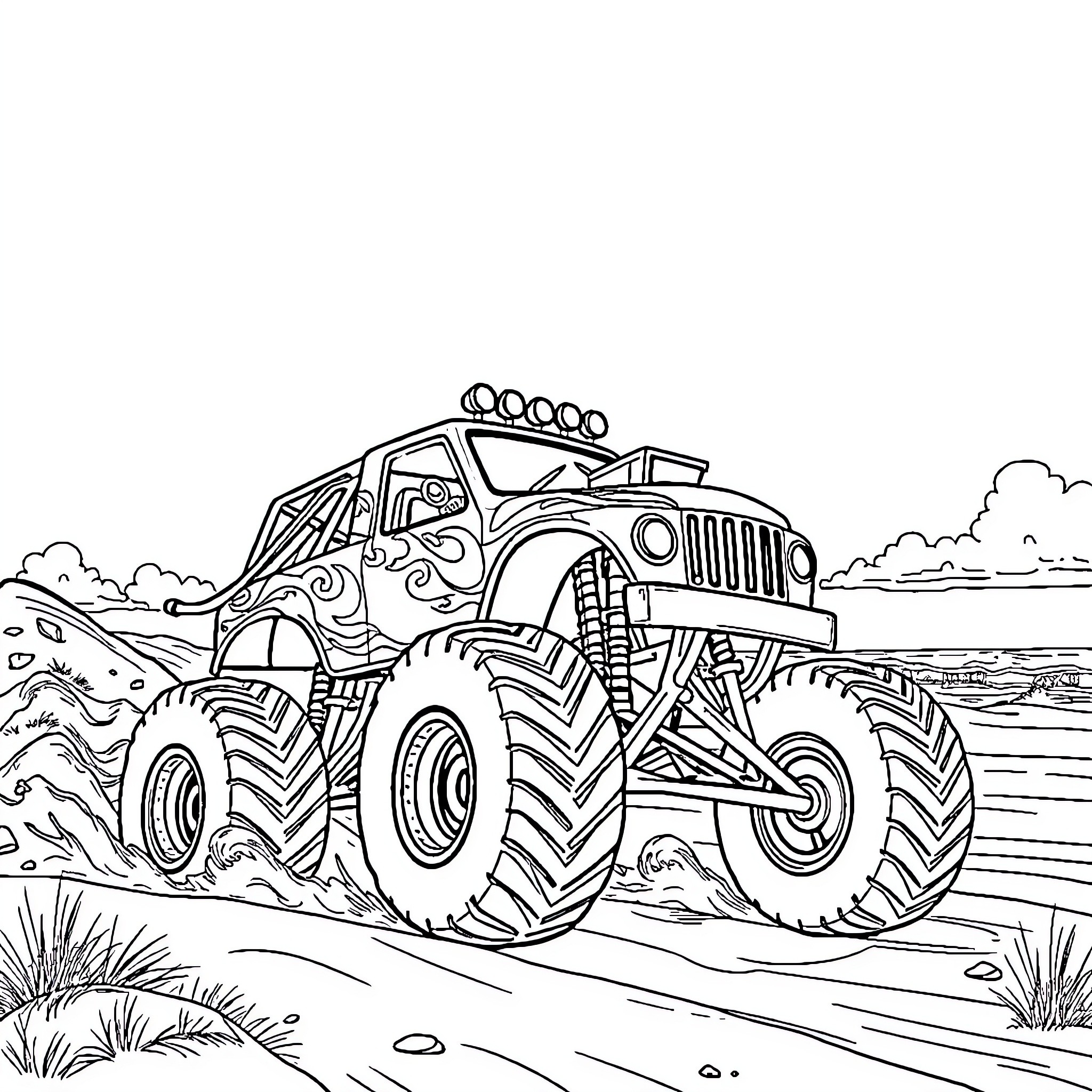 Monster Truck Conquering Rugged Terrain Coloring Page (free black-and-white line drawing printable PDF for all, from beginners to advanced learners, including children, teens, adults, and seniors)