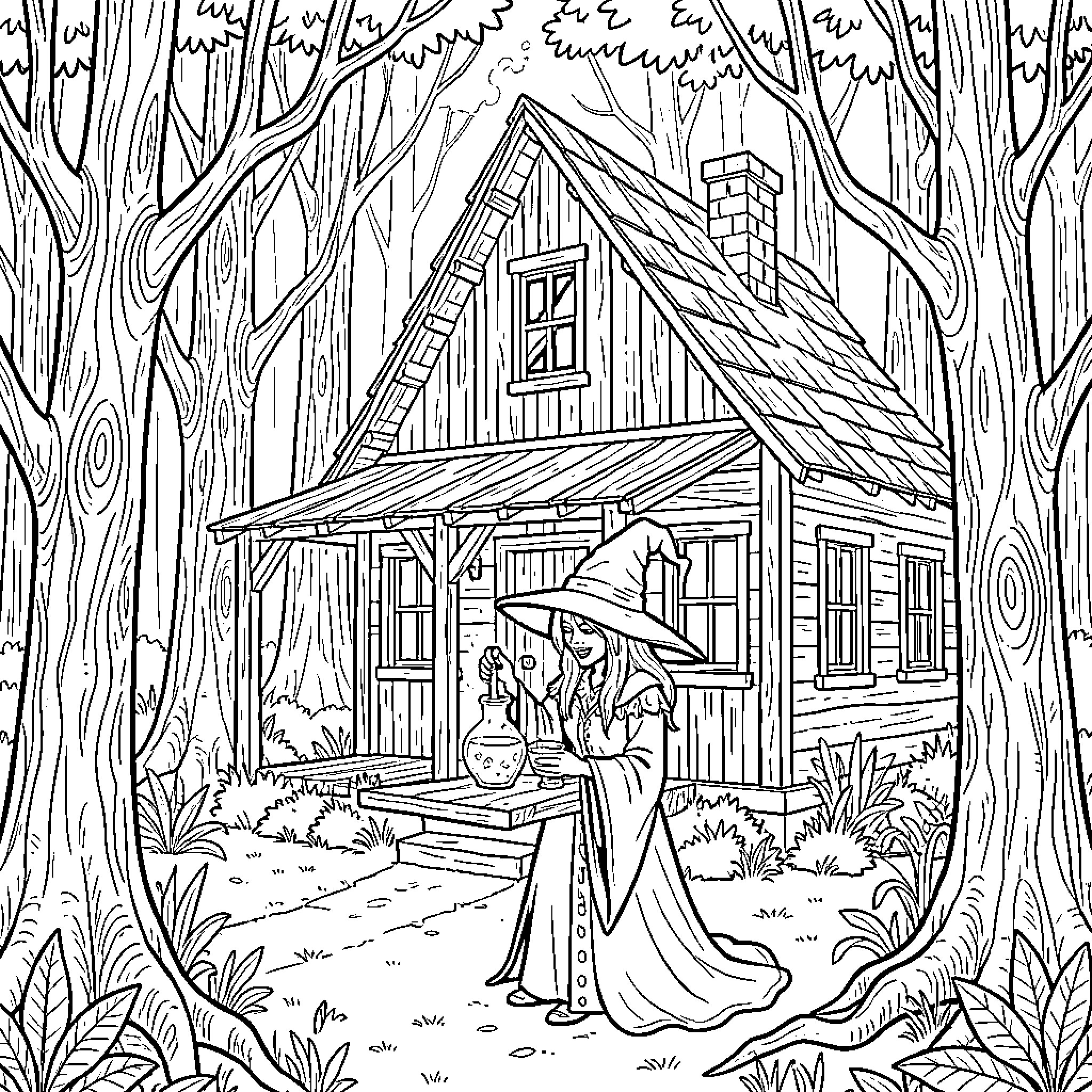 Sorceress holding a potion flask outside her woodland cottage Coloring Page (free black-and-white line drawing printable PDF for all, from beginners to advanced learners, including children, teens, adults, and seniors)