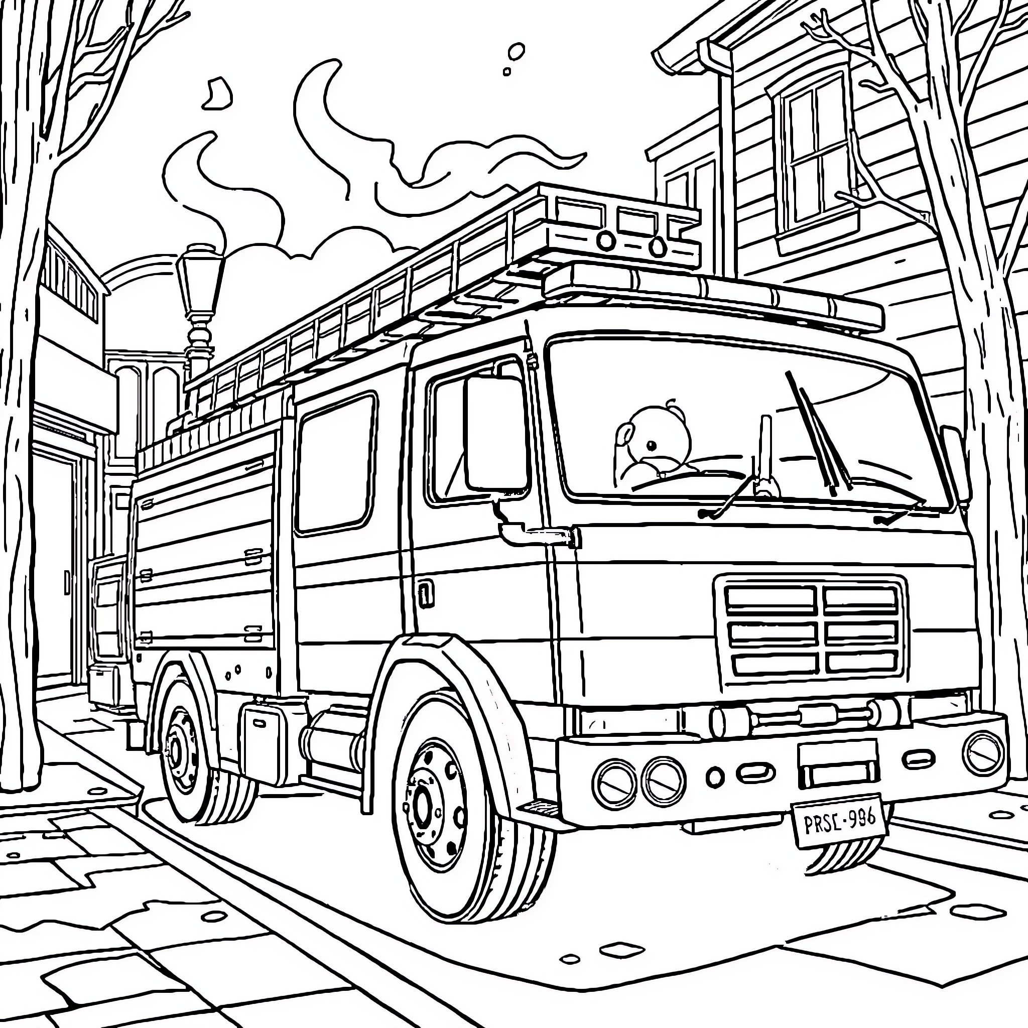 Camion firefighting truck on the street Coloring Page (free black-and-white line drawing printable PDF for all, from beginners to advanced learners, including children, teens, adults, and seniors)