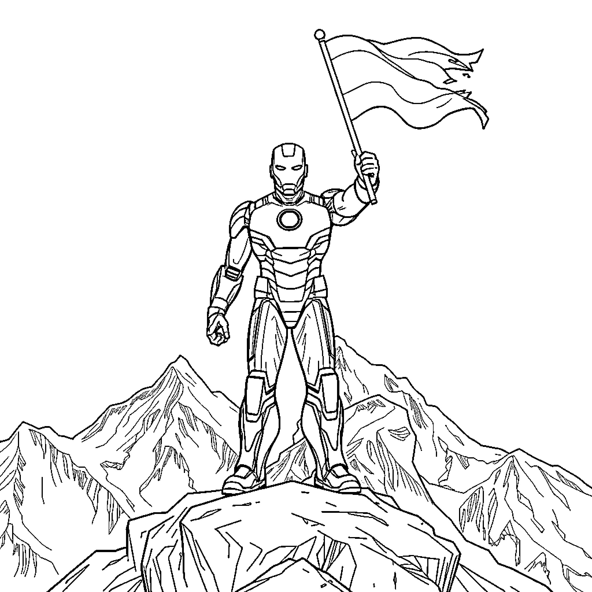 Iron Man standing triumphantly on a mountain peak Coloring Page (free black-and-white line drawing printable PDF for all, from beginners to advanced learners, including children, teens, adults, and seniors)