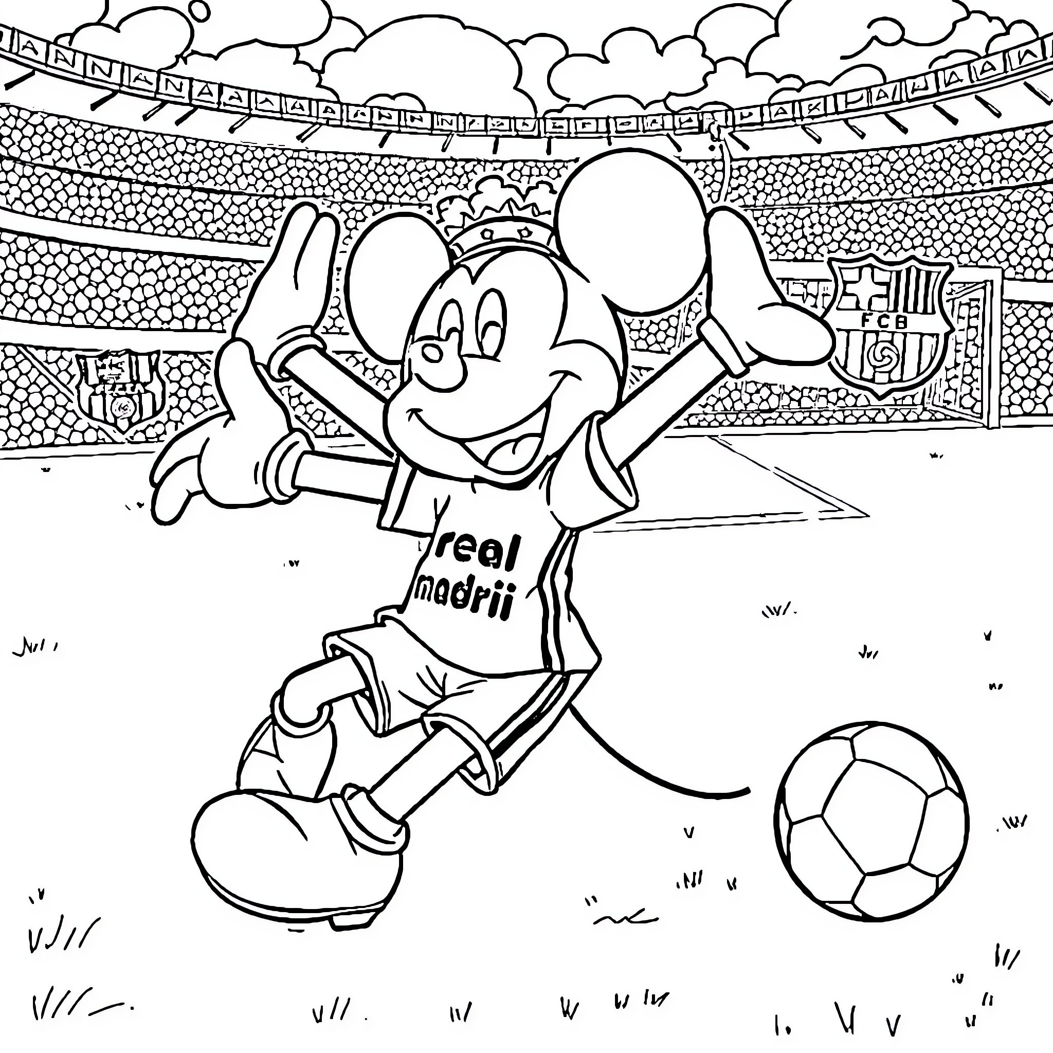 Mickey Mouse Playing Soccer in the Stadium Coloring Page (free black-and-white line drawing printable PDF for all, from beginners to advanced learners, including children, teens, adults, and seniors)