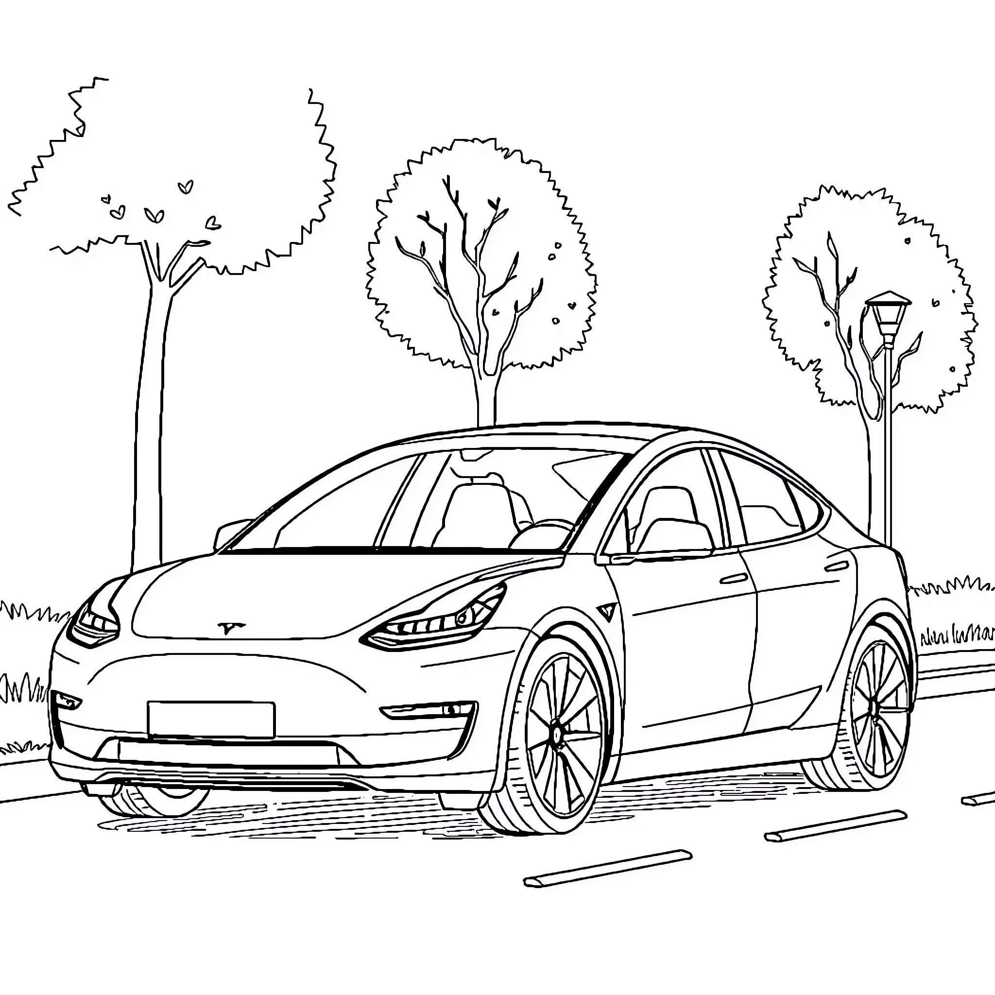 Esla electric vehicle driving through the park Coloring Page (free black-and-white line drawing printable PDF for all, from beginners to advanced learners, including children, teens, adults, and seniors)