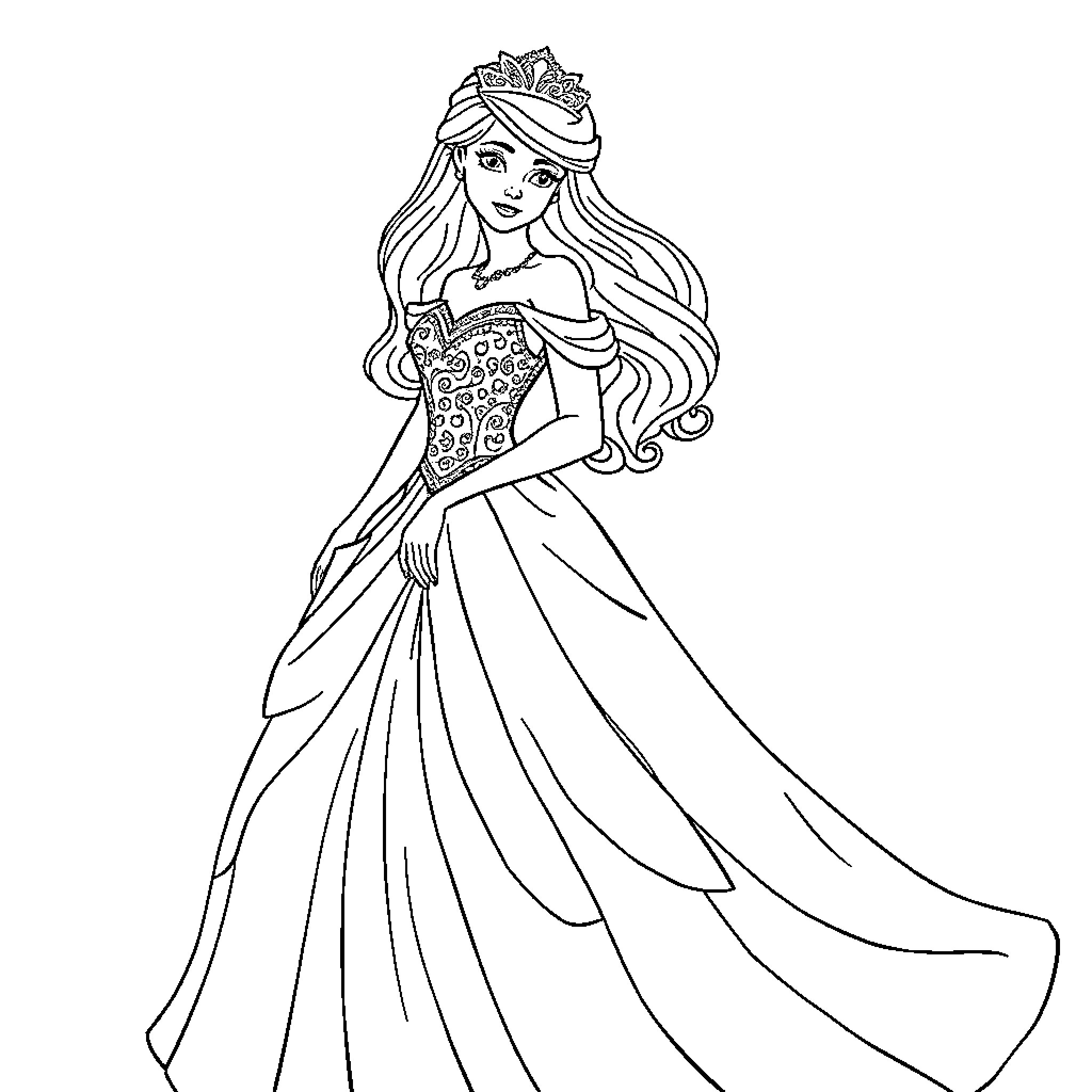 Princess in Elegant Gown and Crown Coloring Page (free black-and-white line drawing printable PDF for all, from beginners to advanced learners, including children, teens, adults, and seniors)
