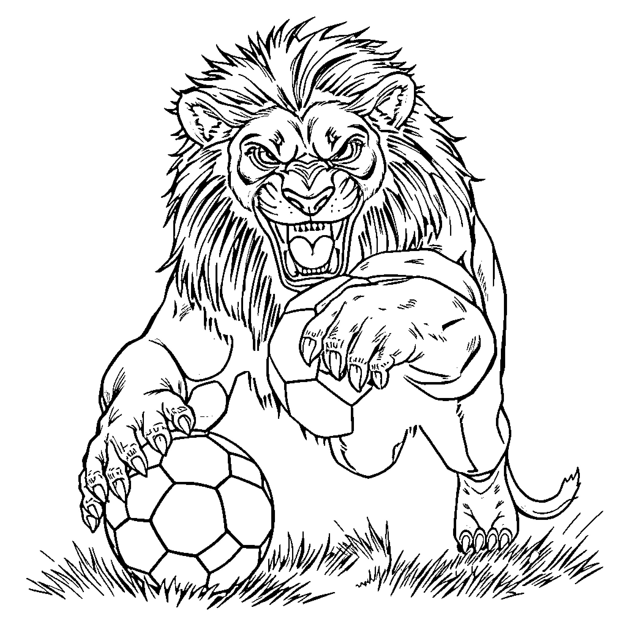 Lion Aggressively Guarding Soccer Ball Coloring Page (free black-and-white line drawing printable PDF for all, from beginners to advanced learners, including children, teens, adults, and seniors)