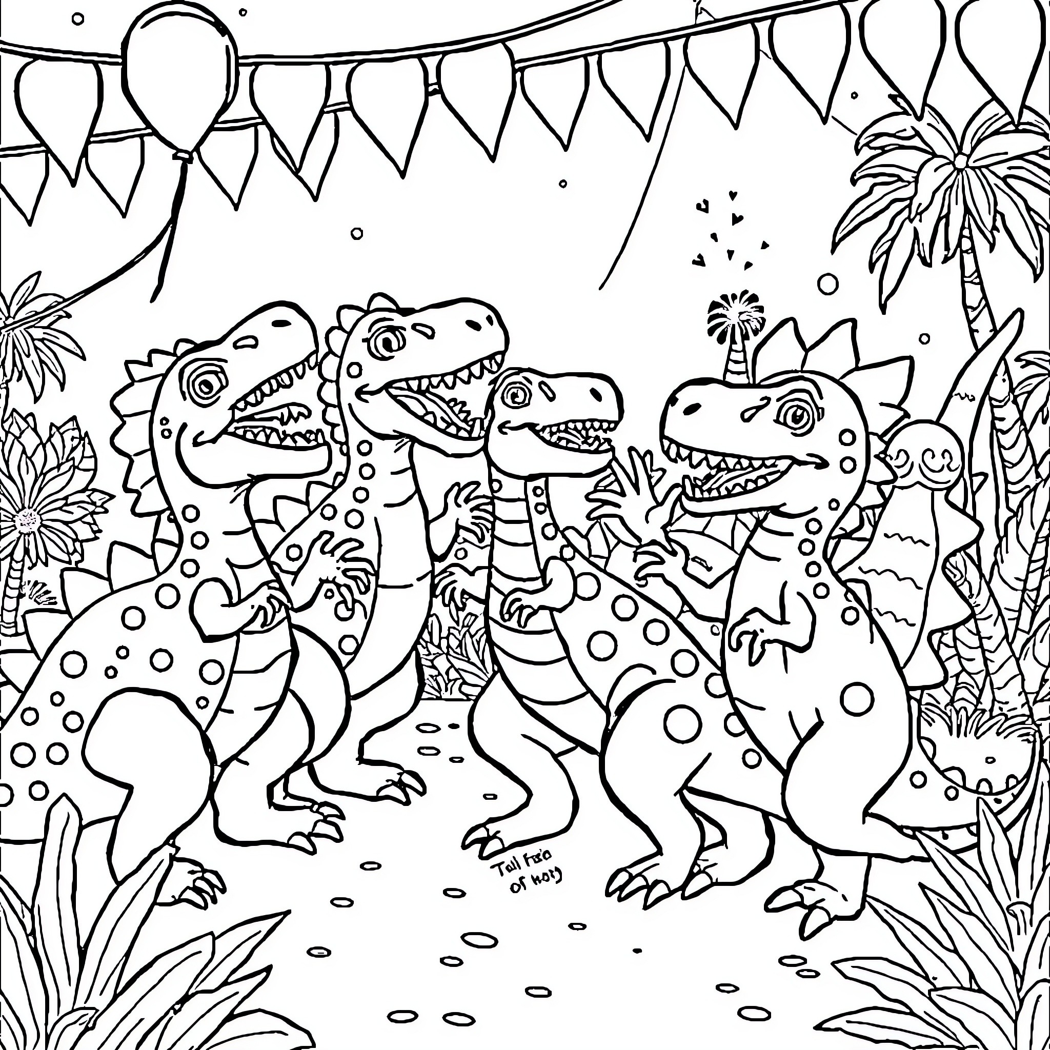 Dinosaur party with happy dinosaurs and festive decorations Coloring Page (free black-and-white line drawing printable PDF for all, from beginners to advanced learners, including children, teens, adults, and seniors)