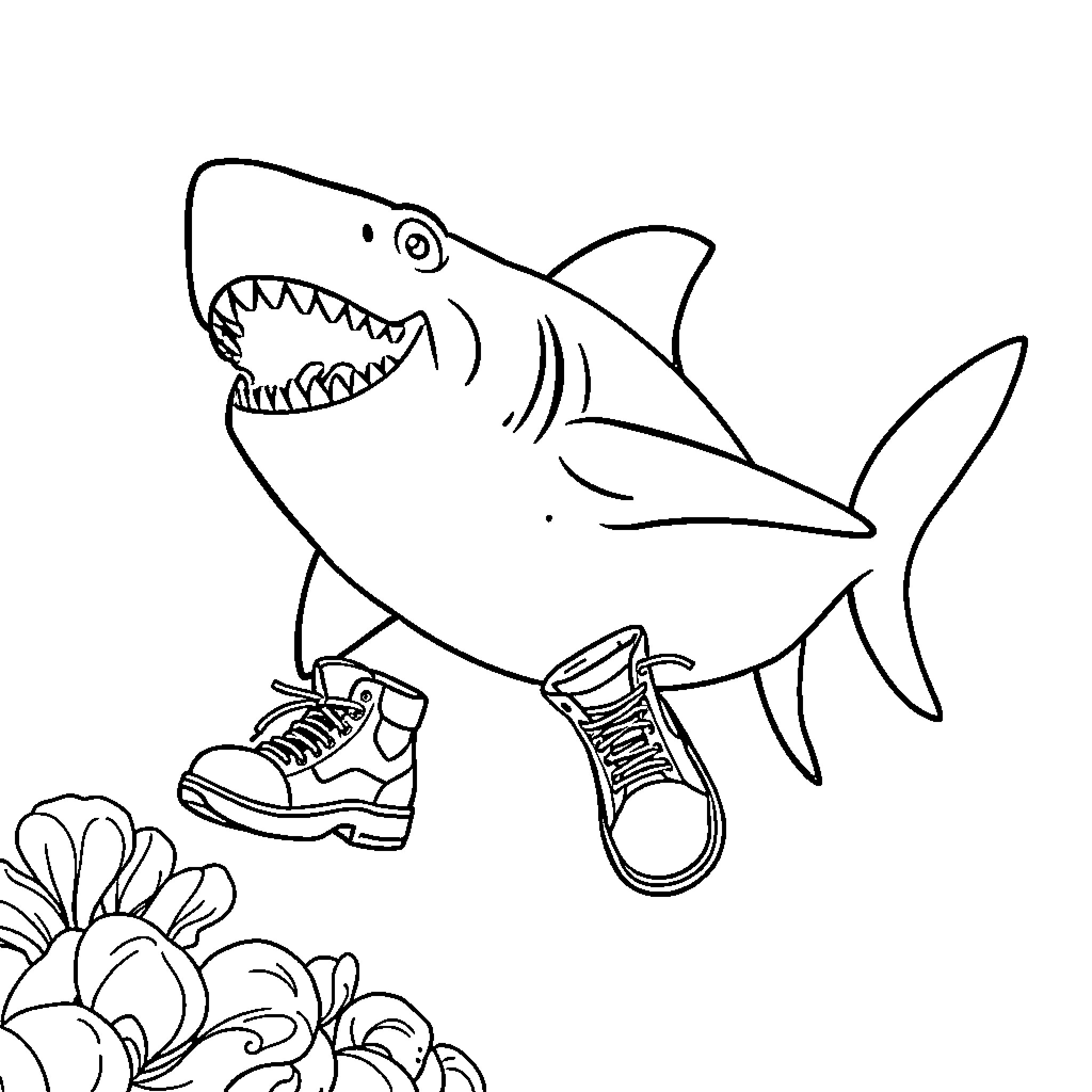Shark biting shoes in the underwater garden Coloring Page (free black-and-white line drawing printable PDF for all, from beginners to advanced learners, including children, teens, adults, and seniors)