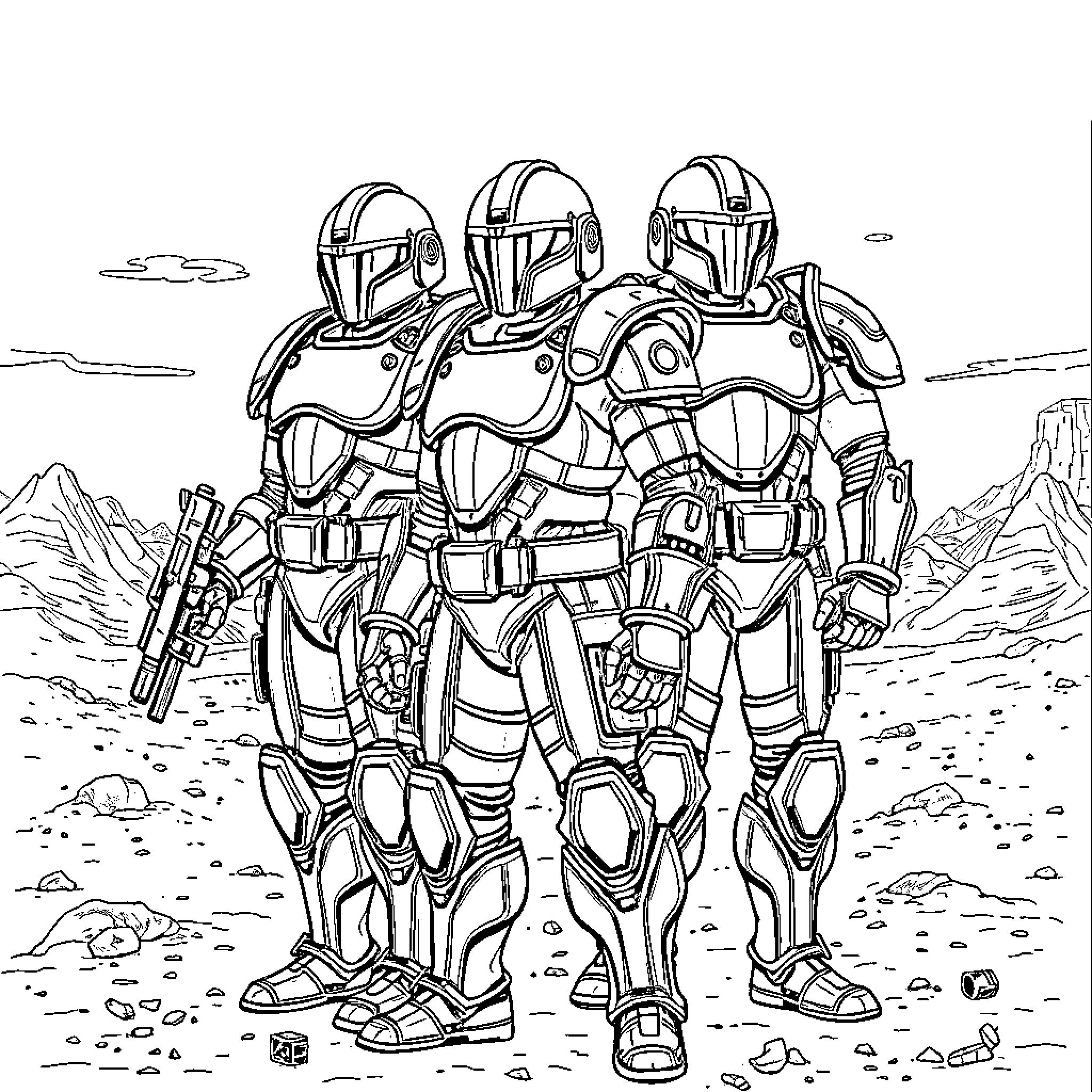 Power Armor Soldiers Standing Tall in Rugged Landscape Coloring Page (free black-and-white line drawing printable PDF for all, from beginners to advanced learners, including children, teens, adults, and seniors)