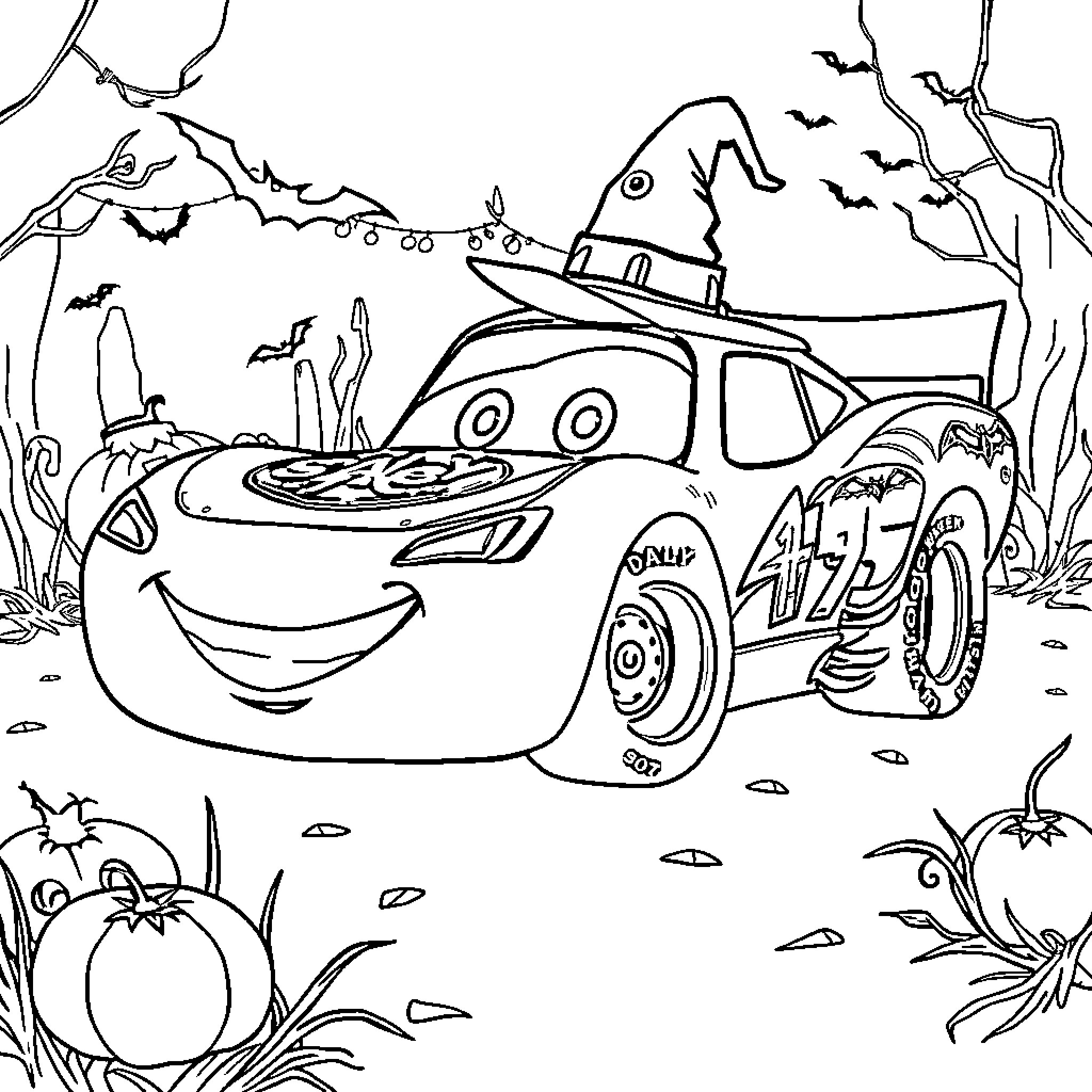 Lightning McQueen Races Through a Spooky Halloween Landscape Coloring Page (free black-and-white line drawing printable PDF for all, from beginners to advanced learners, including children, teens, adults, and seniors)