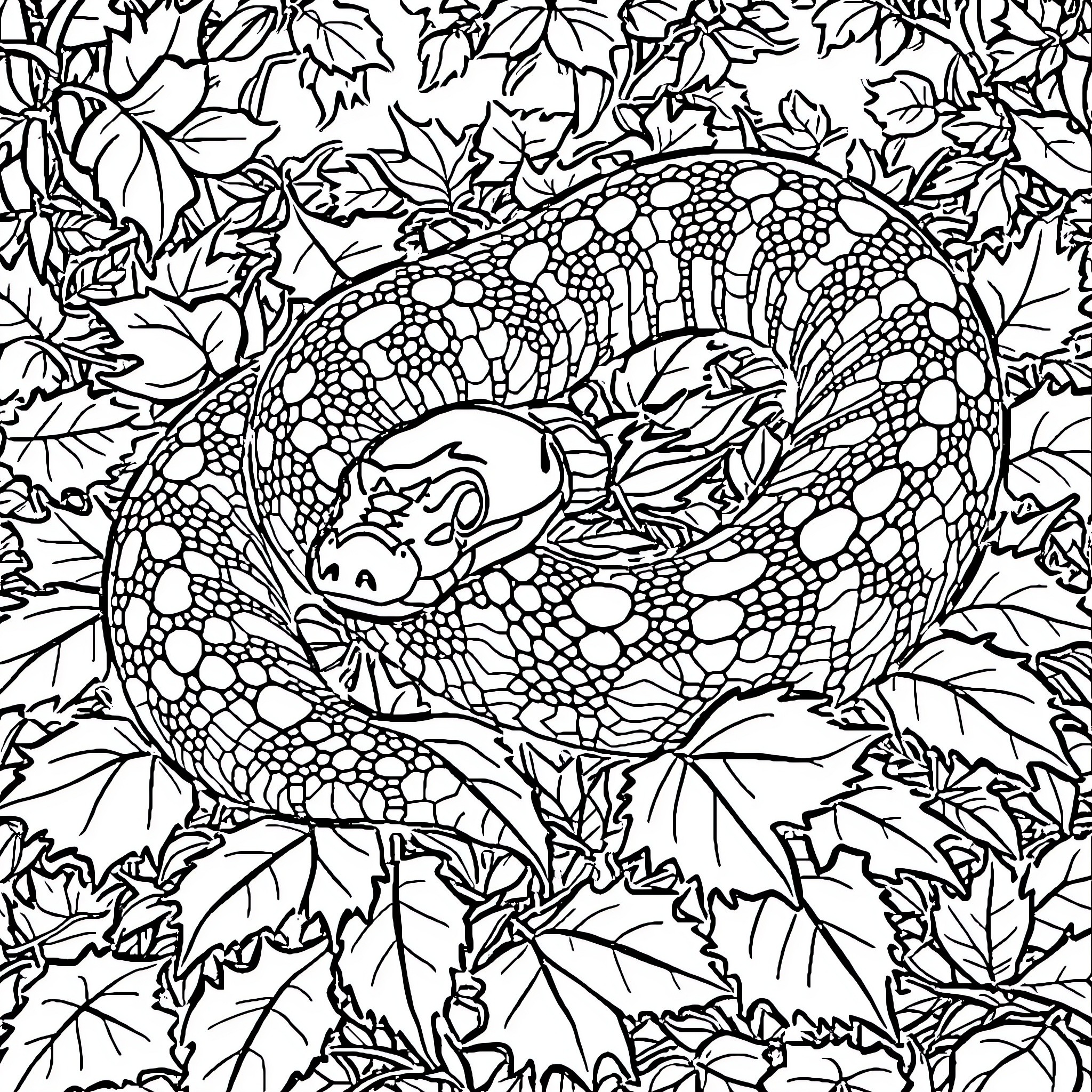 Python Coiled Amidst Lush Foliage Coloring Page (free black-and-white line drawing printable PDF for all, from beginners to advanced learners, including children, teens, adults, and seniors)
