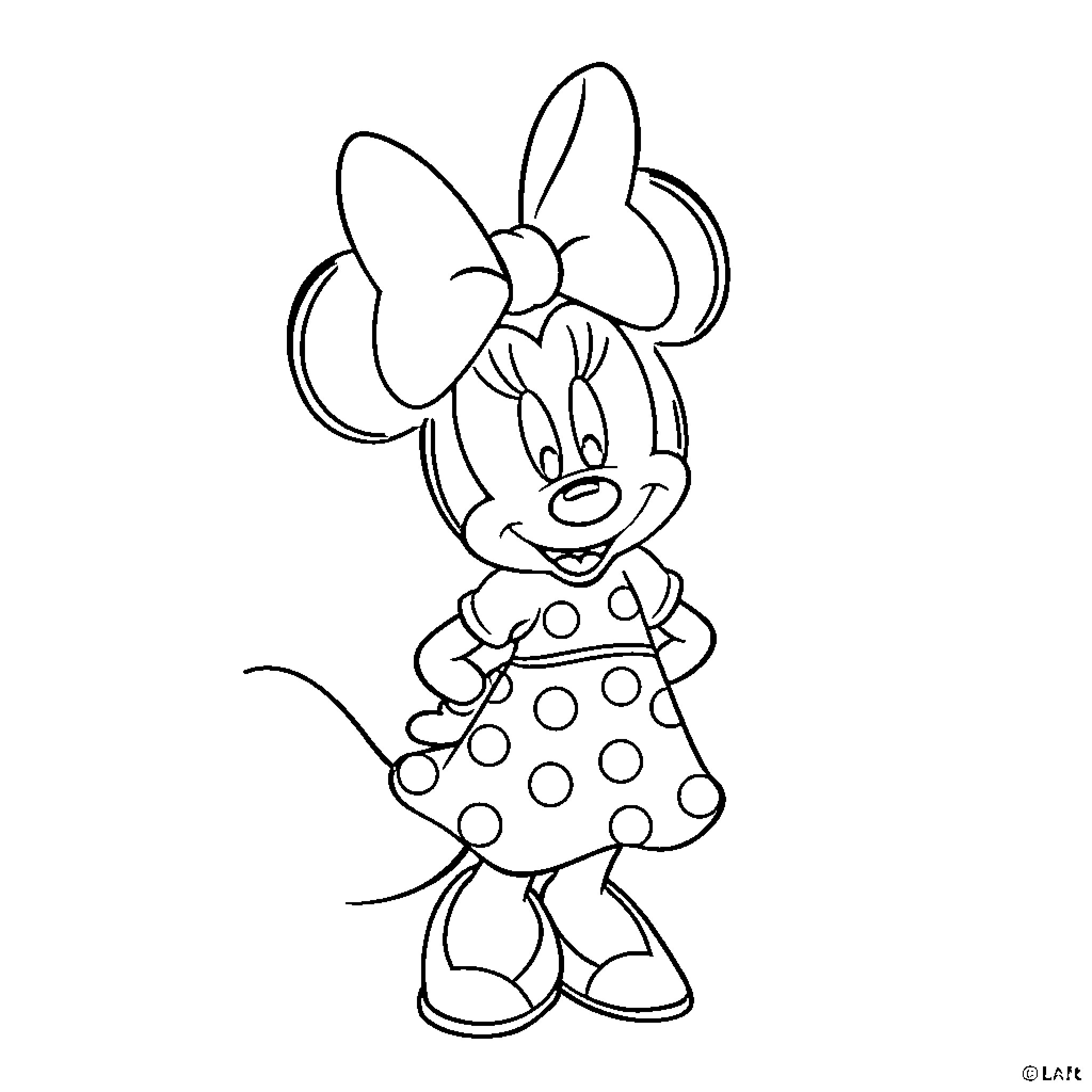 Minnie Mouse in Polka Dot Dress and Bow Coloring Page (free black-and-white line drawing printable PDF for all, from beginners to advanced learners, including children, teens, adults, and seniors)