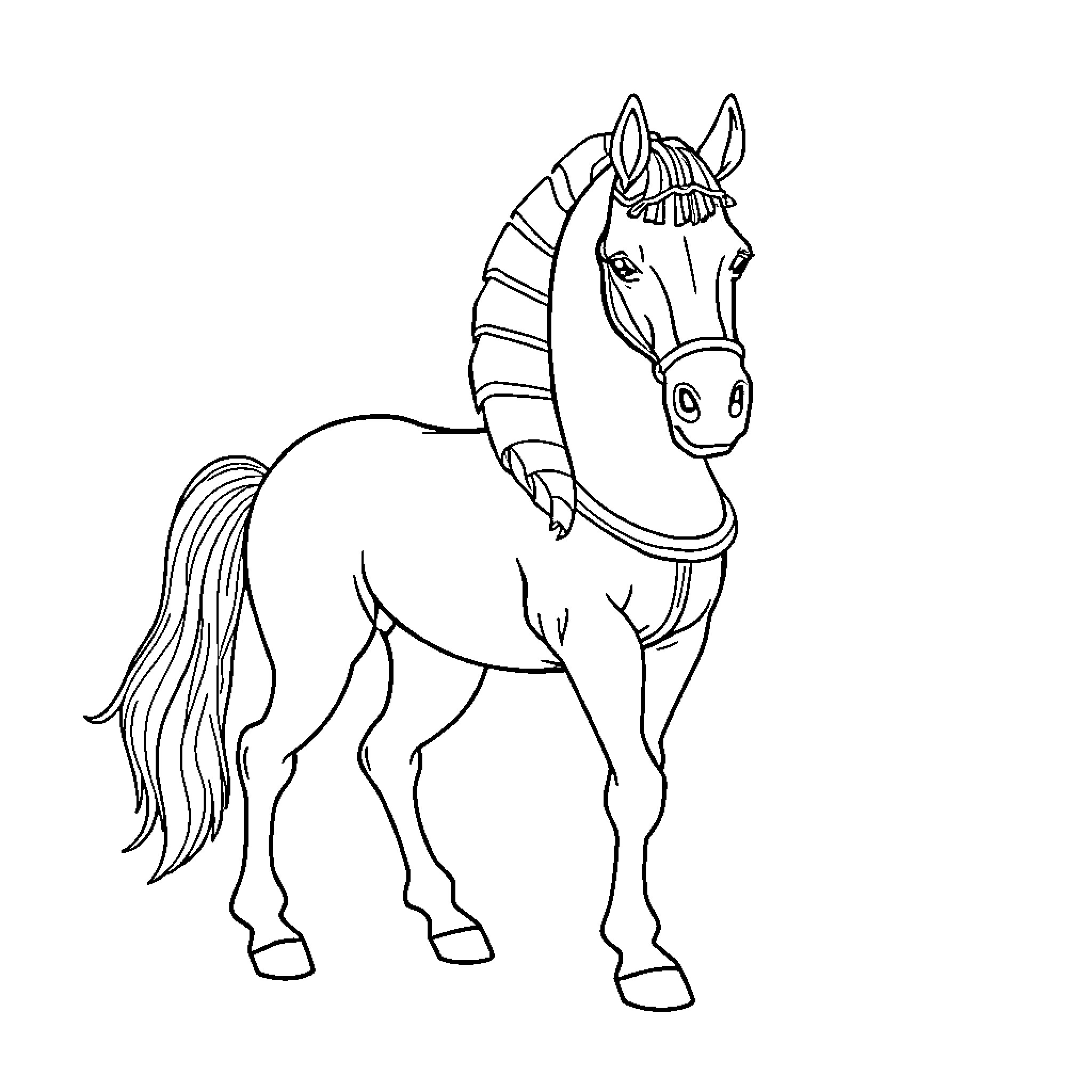 Horse with Distinctive Harness Accessory Coloring Page (free black-and-white line drawing printable PDF for all, from beginners to advanced learners, including children, teens, adults, and seniors)