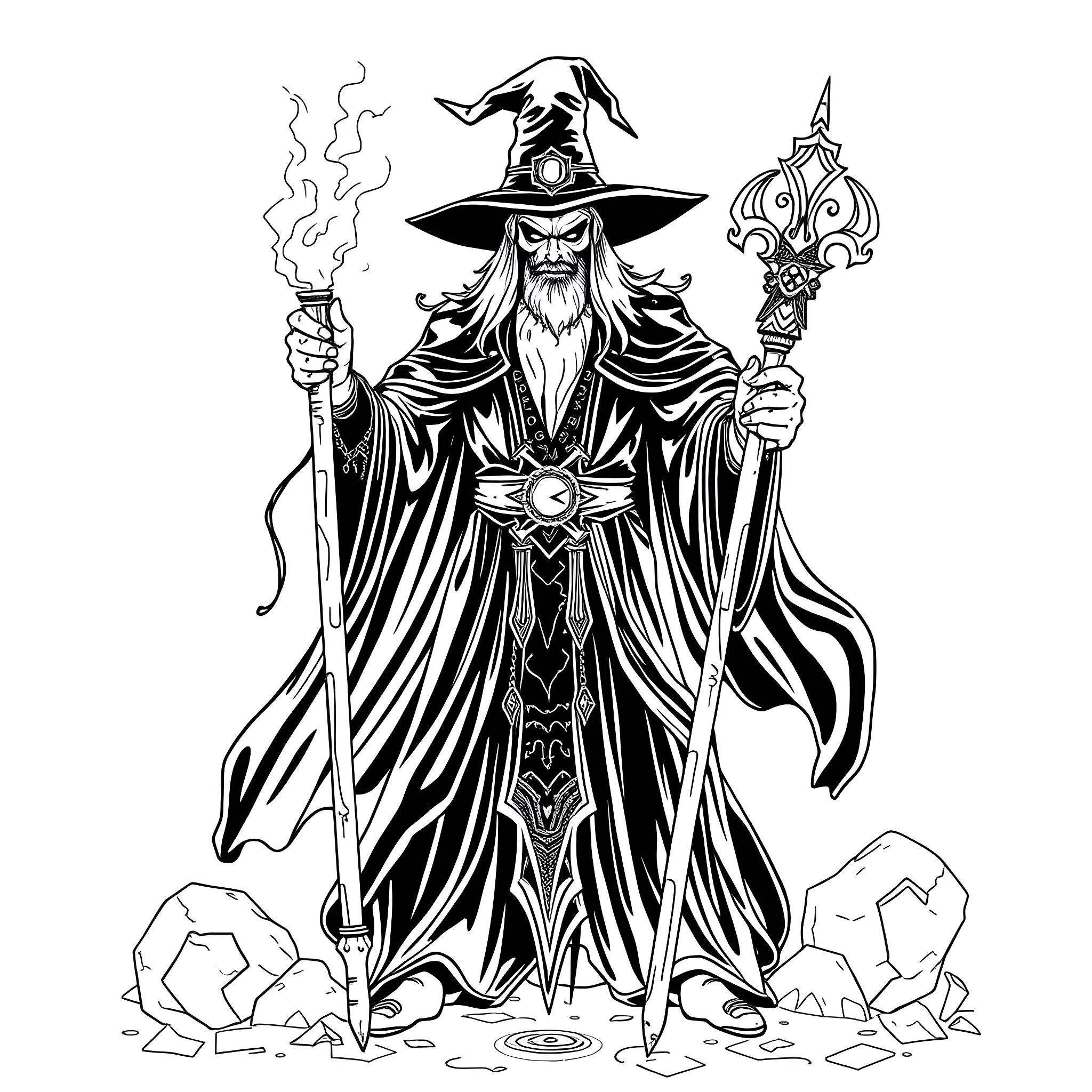 Dark Magician casting powerful spells in a mystical realm Coloring Page (free black-and-white line drawing printable PDF for all, from beginners to advanced learners, including children, teens, adults, and seniors)