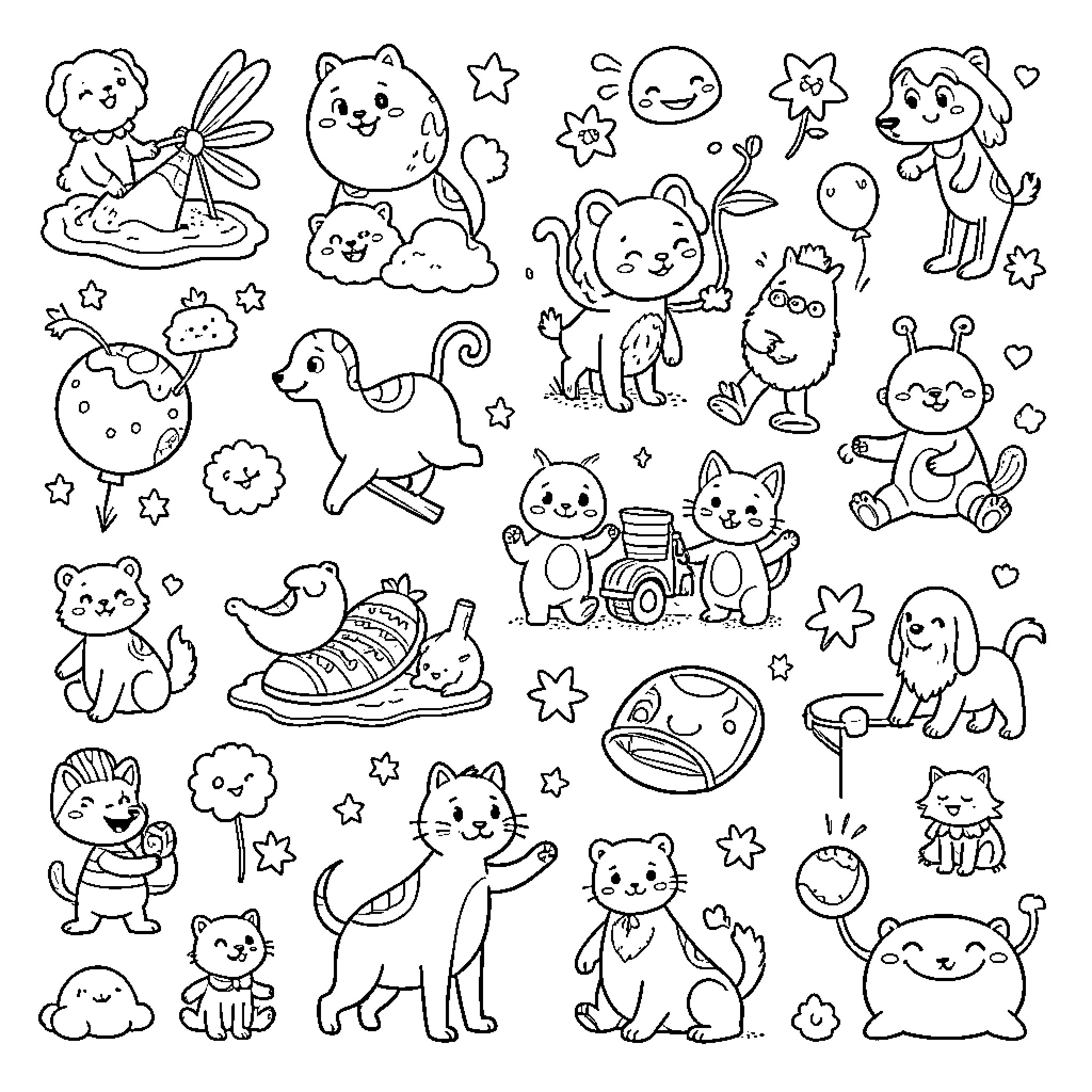 Doodle of many cute animals playing and smiling Coloring Page (free black-and-white line drawing printable PDF for all, from beginners to advanced learners, including children, teens, adults, and seniors)