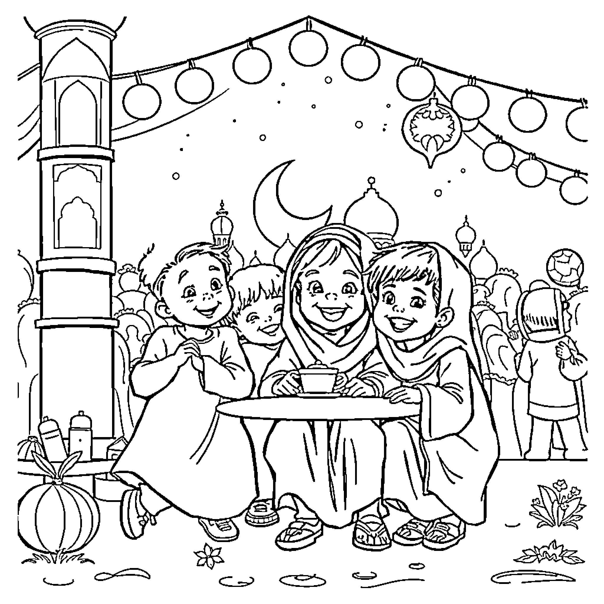 Kid friends celebrate holiday with decorations Coloring Page (free black-and-white line drawing printable PDF for all, from beginners to advanced learners, including children, teens, adults, and seniors)