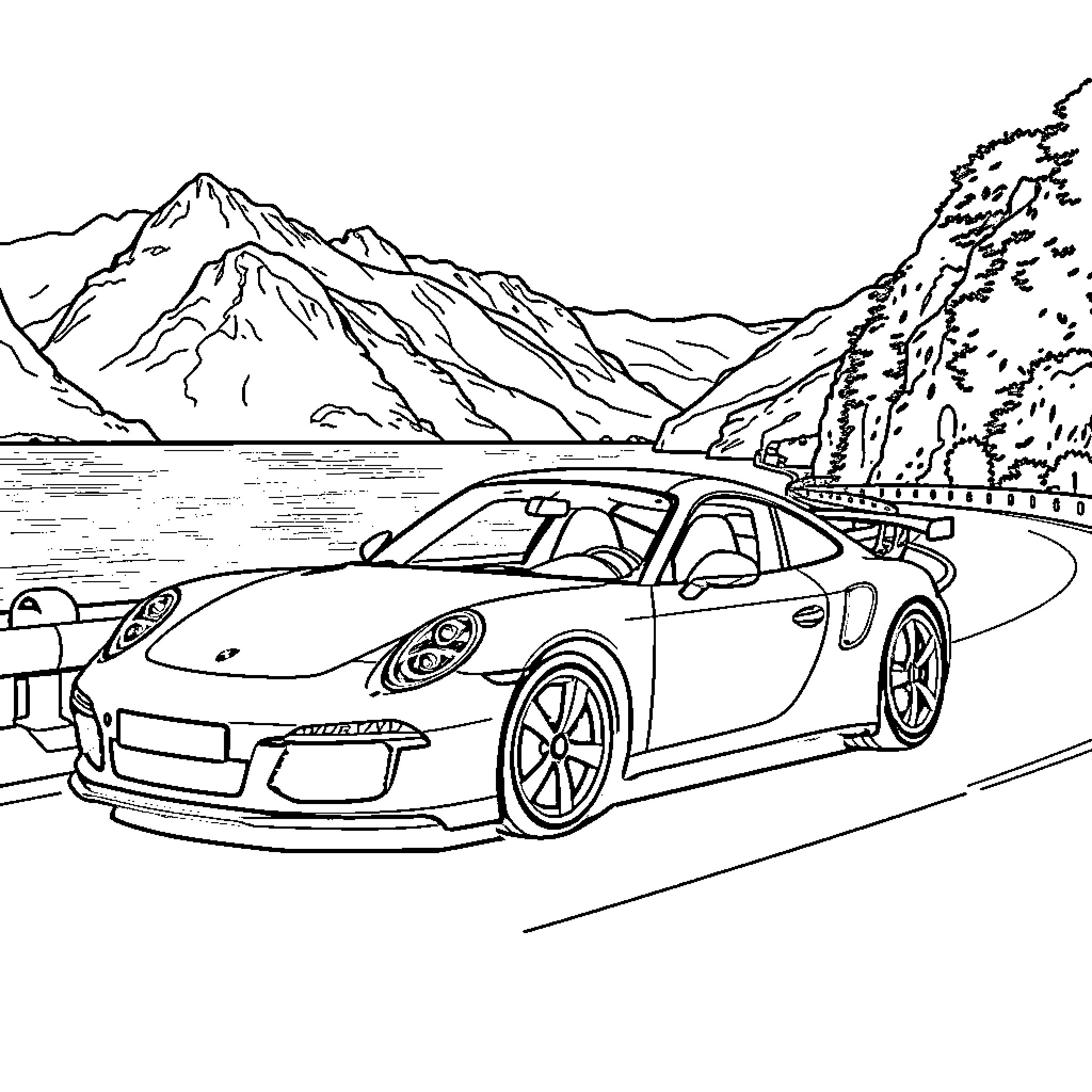 Porsche speeding through scenic mountain landscape Coloring Page (free black-and-white line drawing printable PDF for all, from beginners to advanced learners, including children, teens, adults, and seniors)