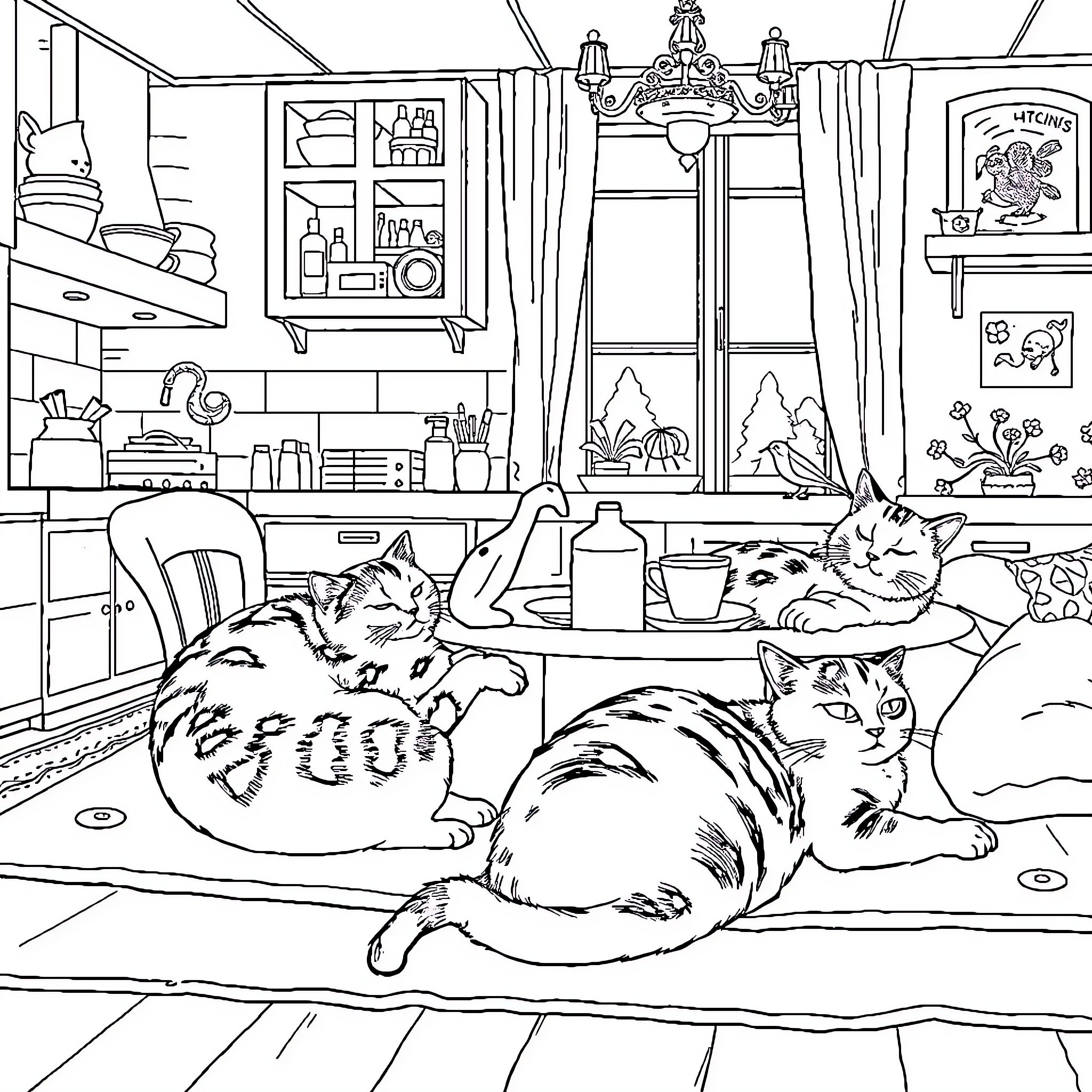 Gato Cats Napping in Cozy Home Coloring Page (free black-and-white line drawing printable PDF for all, from beginners to advanced learners, including children, teens, adults, and seniors)
