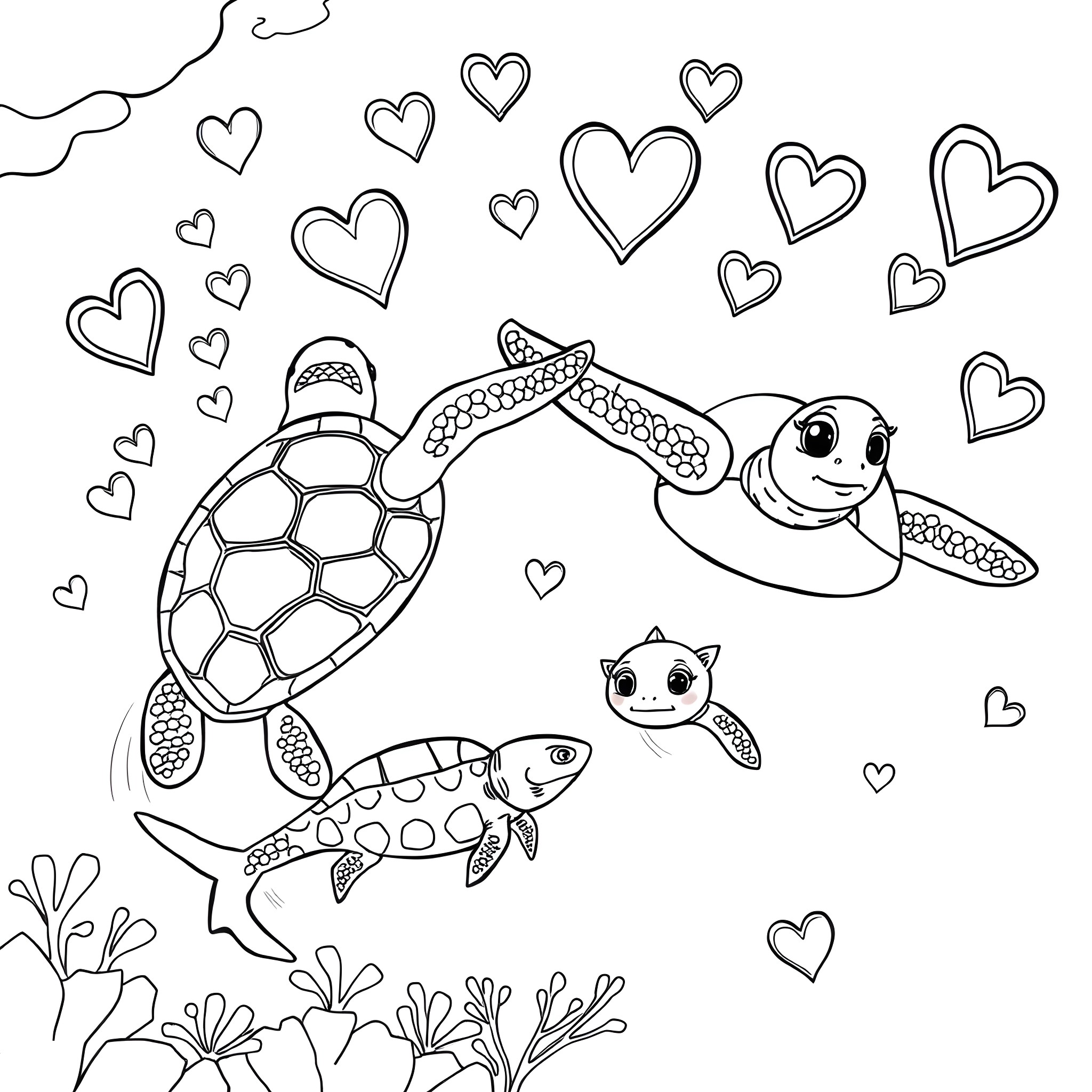 Sea Turtle family swimming among hearts Coloring Page (free black-and-white line drawing printable PDF for all, from beginners to advanced learners, including children, teens, adults, and seniors)