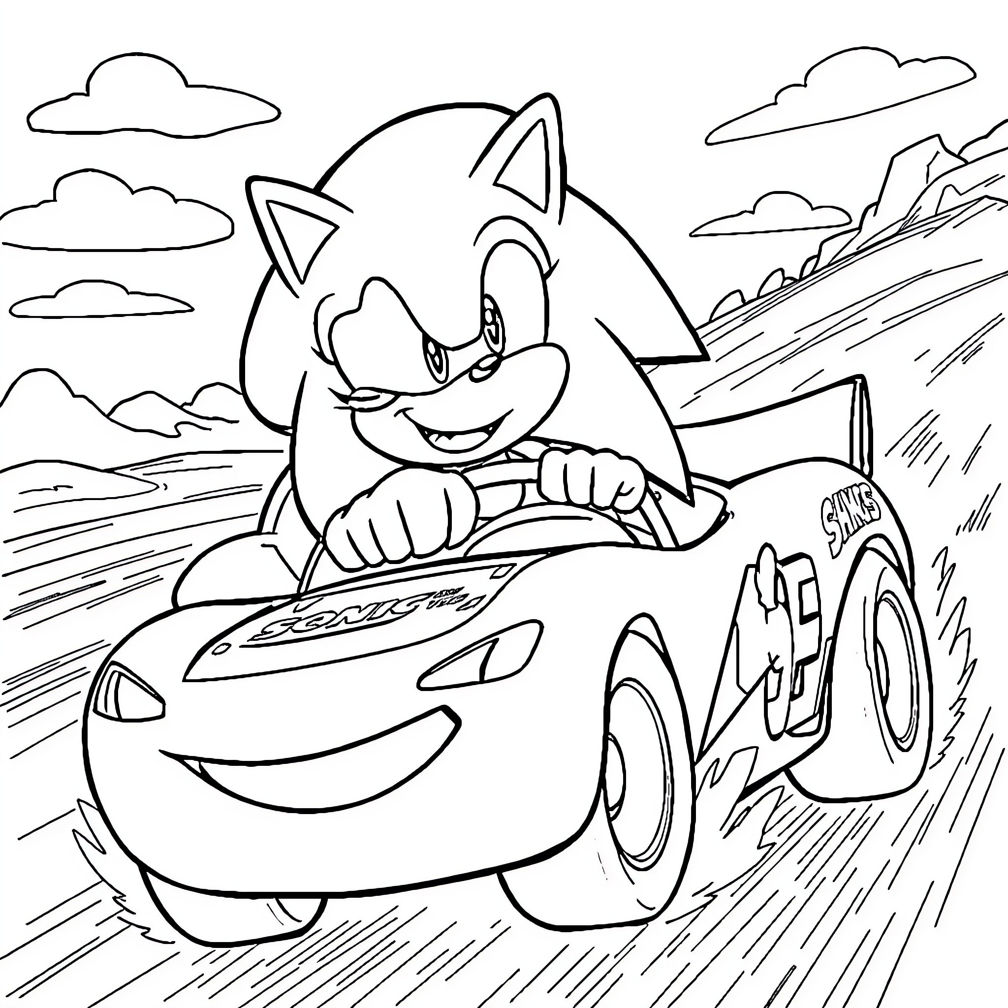 Sonic racing joyfully in his car Coloring Page (free black-and-white line drawing printable PDF for all, from beginners to advanced learners, including children, teens, adults, and seniors)