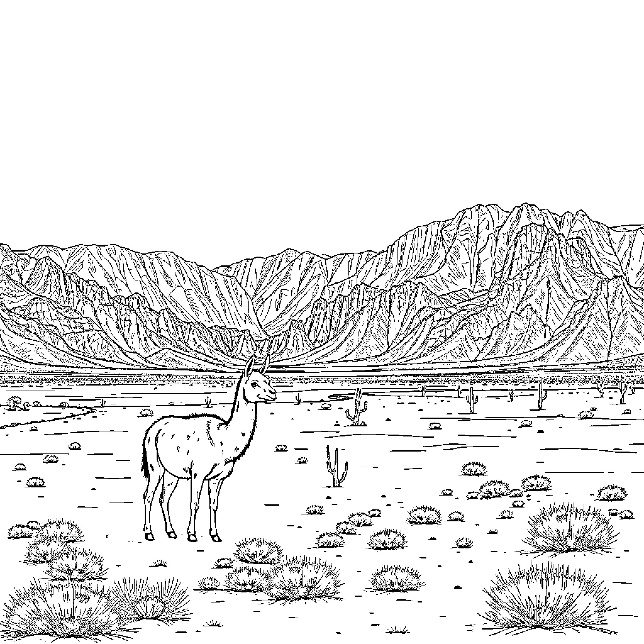 Guanaco standing in mountainous landscape Coloring Page (free black-and-white line drawing printable PDF for all, from beginners to advanced learners, including children, teens, adults, and seniors)