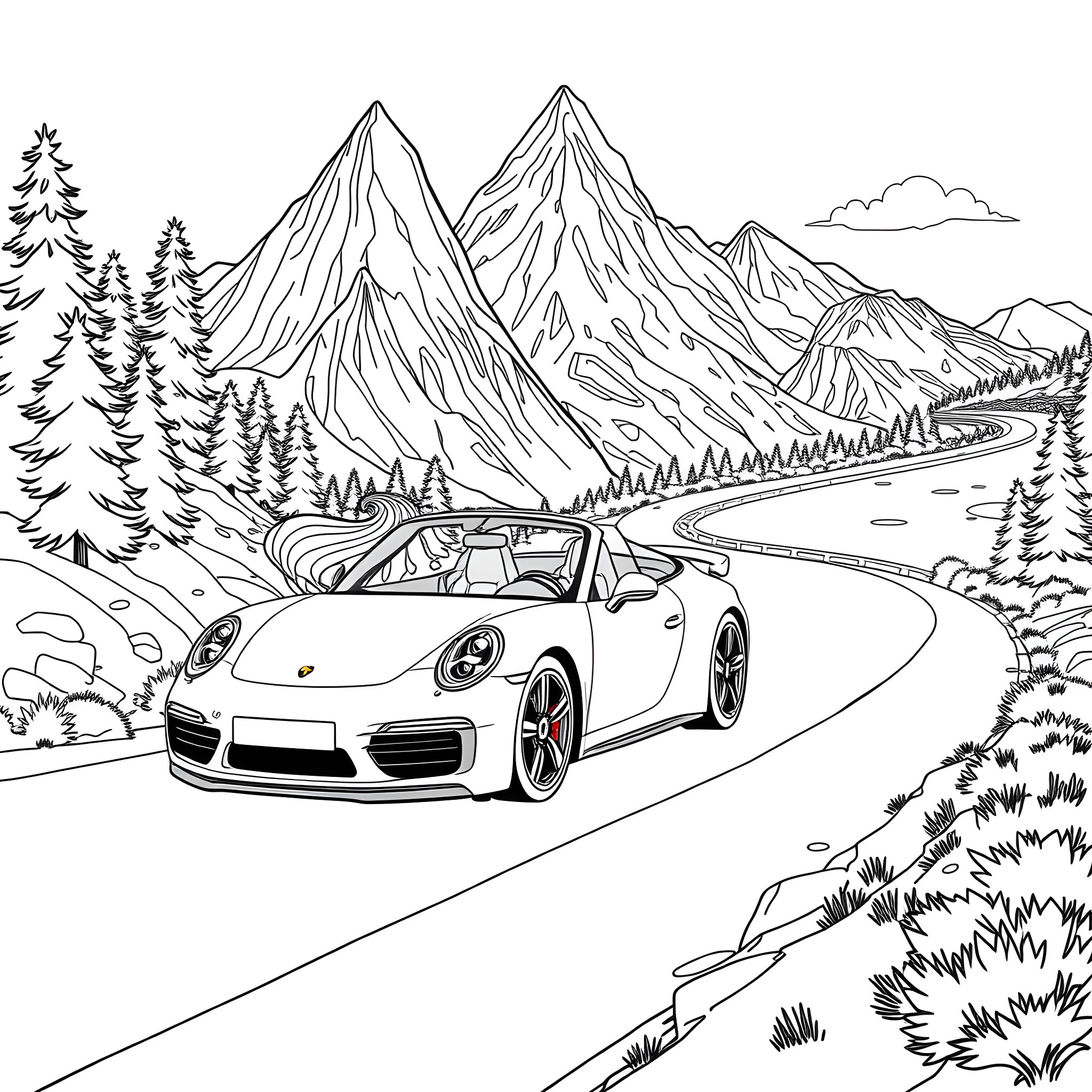 Barbie's Sporty Road Trip Adventure Coloring Page (free black-and-white line drawing printable PDF for all, from beginners to advanced learners, including children, teens, adults, and seniors)