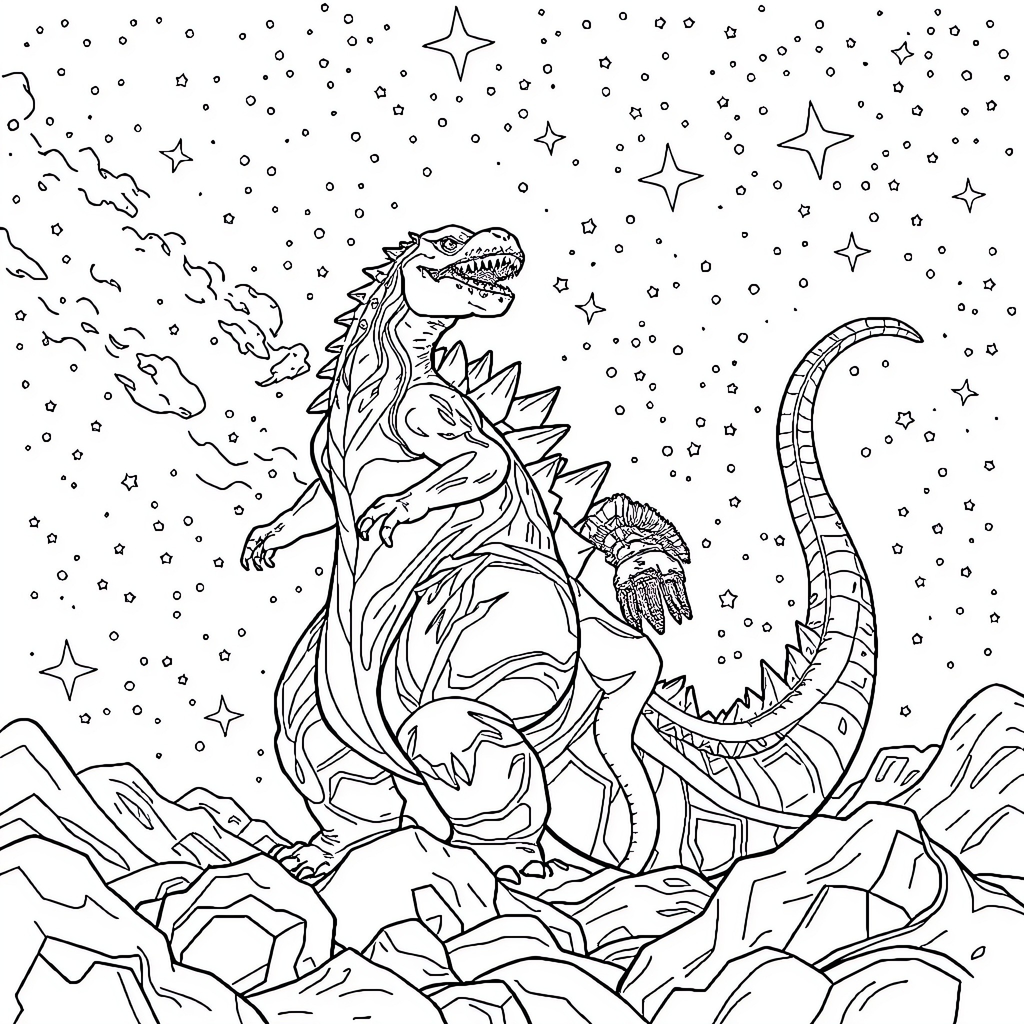 Jirafa Dinosaur Roaring in Starry Night Landscape Coloring Page (free black-and-white line drawing printable PDF for all, from beginners to advanced learners, including children, teens, adults, and seniors)