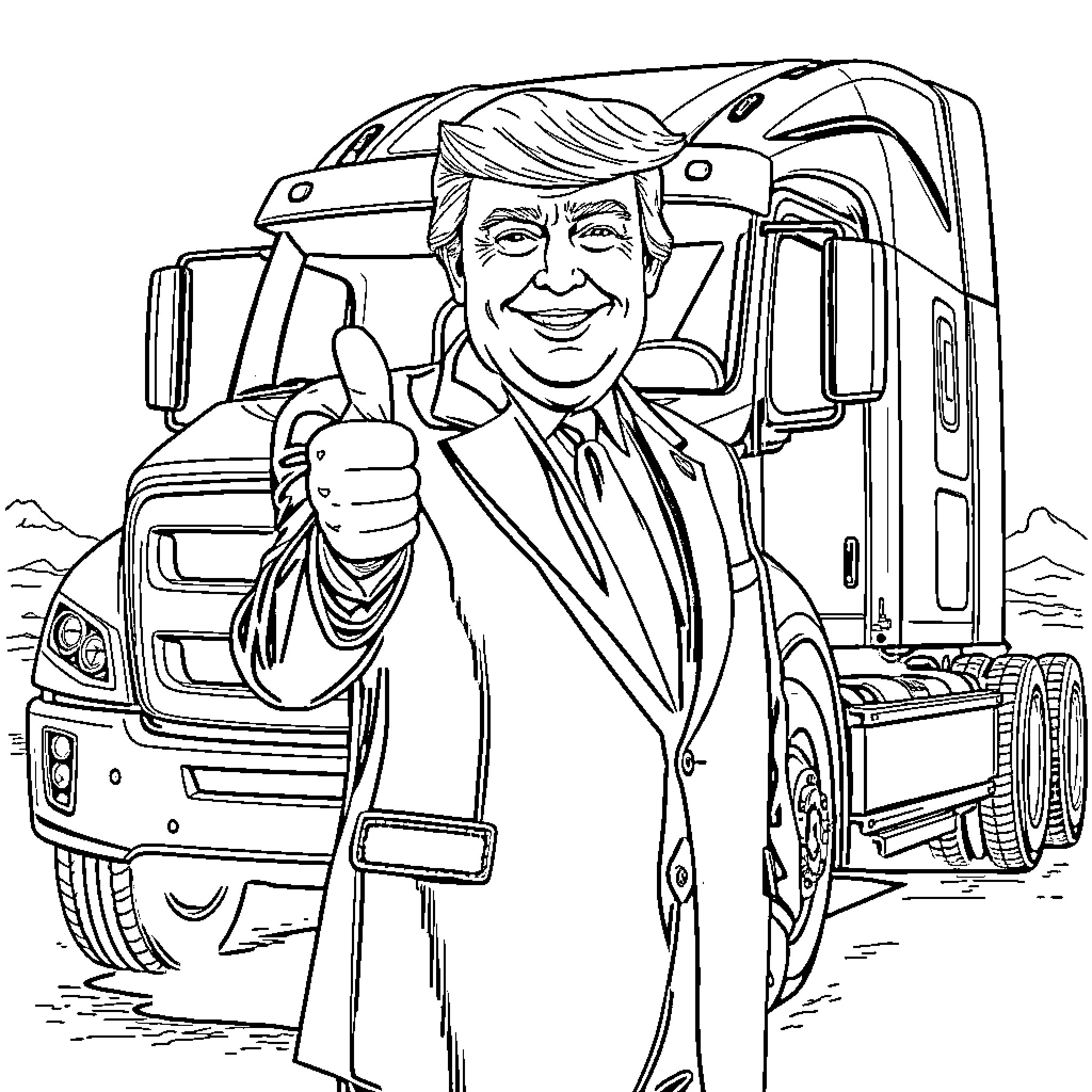 Donald Trump Approves of Powerful Truck in Business Suit Coloring Page (free black-and-white line drawing printable PDF for all, from beginners to advanced learners, including children, teens, adults, and seniors)