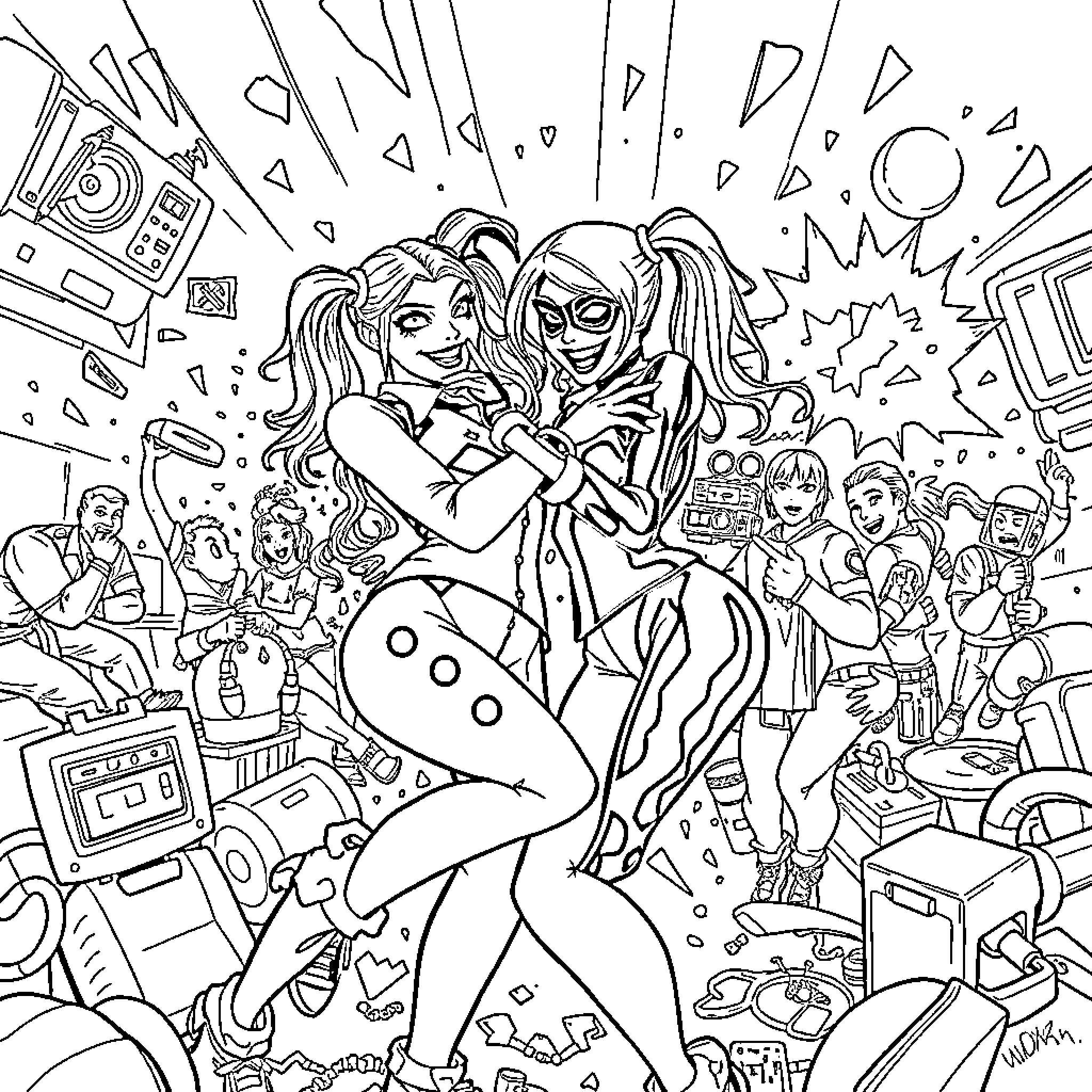 Harley Quinn and Poison Ivy in a Vibrant, Chaotic Scene Coloring Page (free black-and-white line drawing printable PDF for all, from beginners to advanced learners, including children, teens, adults, and seniors)