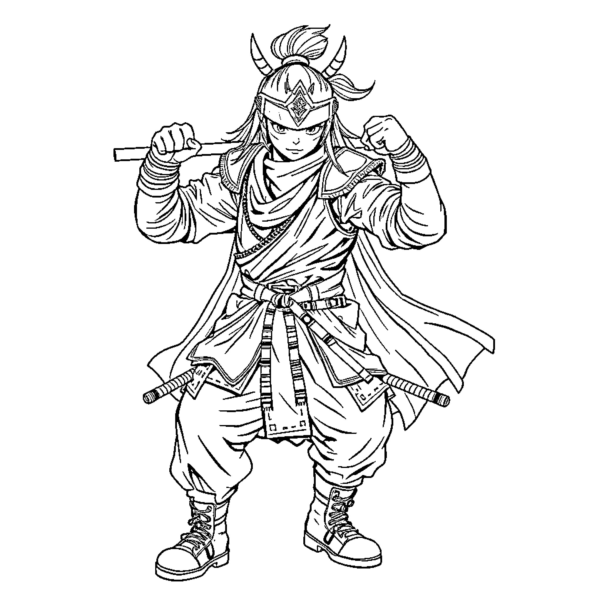 K Pop Warrior with Fierce Samurai Outfit and Pose Coloring Page (free black-and-white line drawing printable PDF for all, from beginners to advanced learners, including children, teens, adults, and seniors)